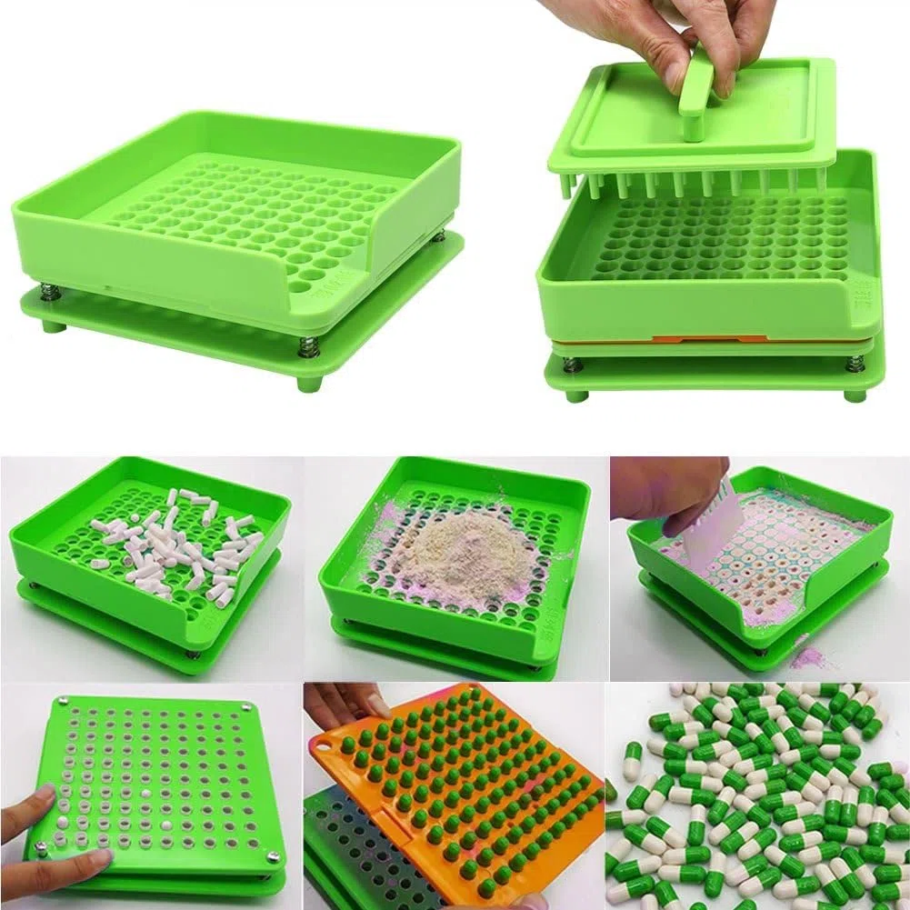 Llenadora Manual de Cápsulas, 100 Orificios, Tamaño 0, Bandeja para Cápsulas de Gelatina Vacías con Placa de Llenado de Polvo, Color Verde