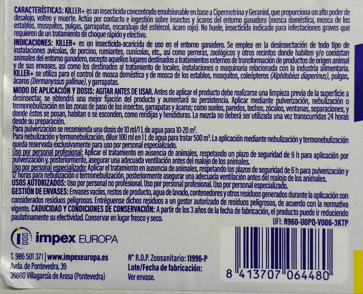 Killer liquido 250ml - Impex. Insecticida acaricida concentrado emulsionable. Eficaz contra mosca, mosquito, pulgas, garrapatas...Sin olor.Con cipermetrina (2)