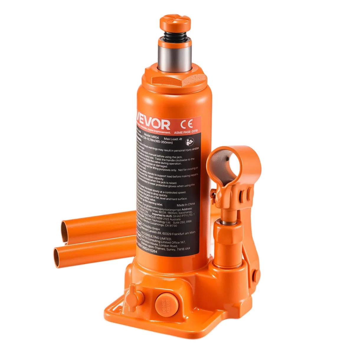 VEVOR Gato Hidráulico de Botella, Capacidad de 4 T, Rango de Elevación de 185-350 mm, para Automóviles, SUV, Camionetas, Talleres Mecánicos, Elevadores de Viviendas y Equipos Agrícolas, Naranja