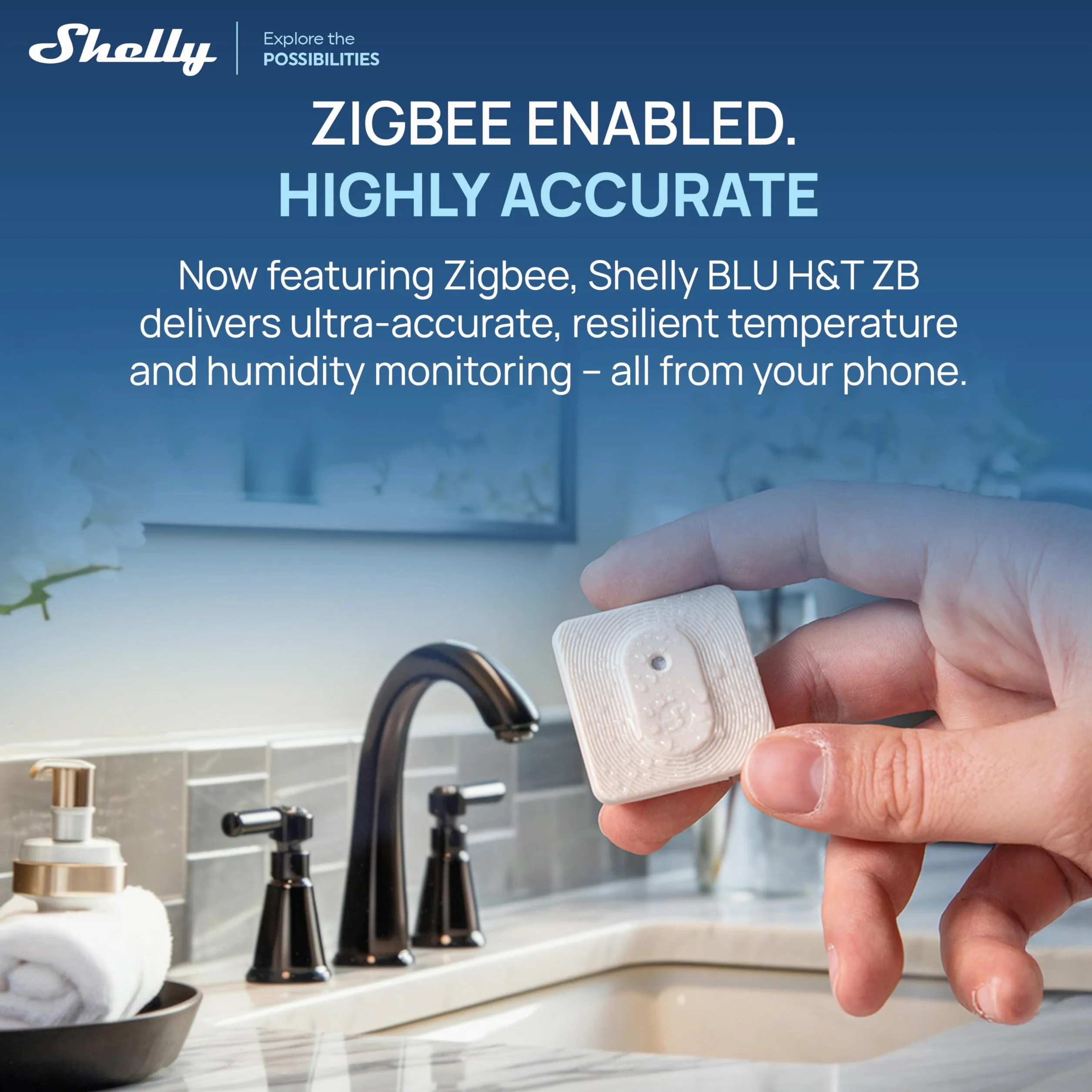 Shelly BLU H&T ZB Marfil – Sensor de temperatura y humedad Zigbee y Bluetooth, Termómetro e Higrómetro inteligente, Protección IP54, Con batería 2 años, Requiere hub, Control por app