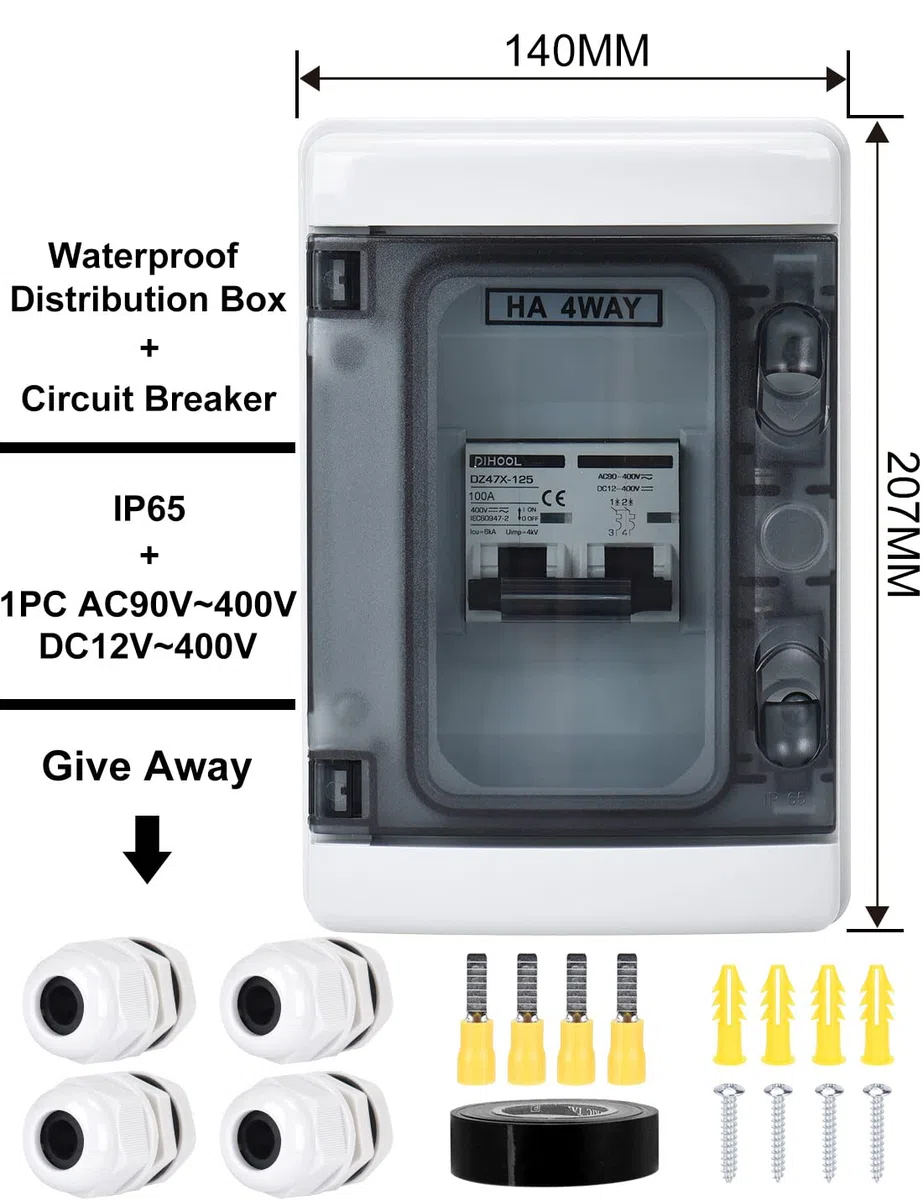 DIHOOL Disyuntor DC 12V interruptor de aislamiento controlador de fusión del sistema solar fotovoltaico DC-100A 2 polos (DC12V-DC400V o AC110-400V), con carcasa impermeable IP65