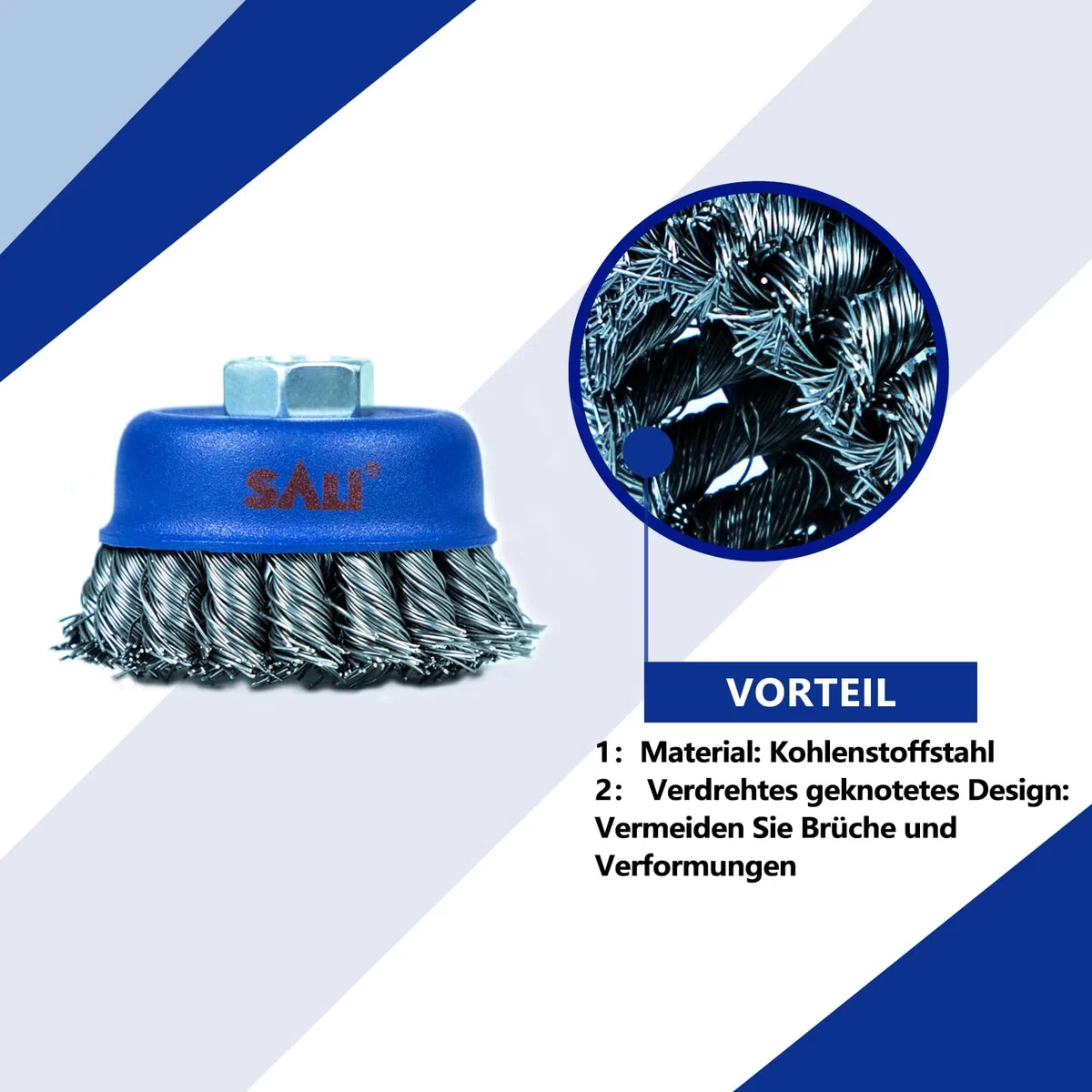 SALI Cepillo de copa de alambre de 2 piezas, Ø 75 mm cepillo de copa de nudo trenzado para amoladoras, con mandril de 5/8-11 pulgadas para la limpieza a fondo de óxido, decapado y abrasivos