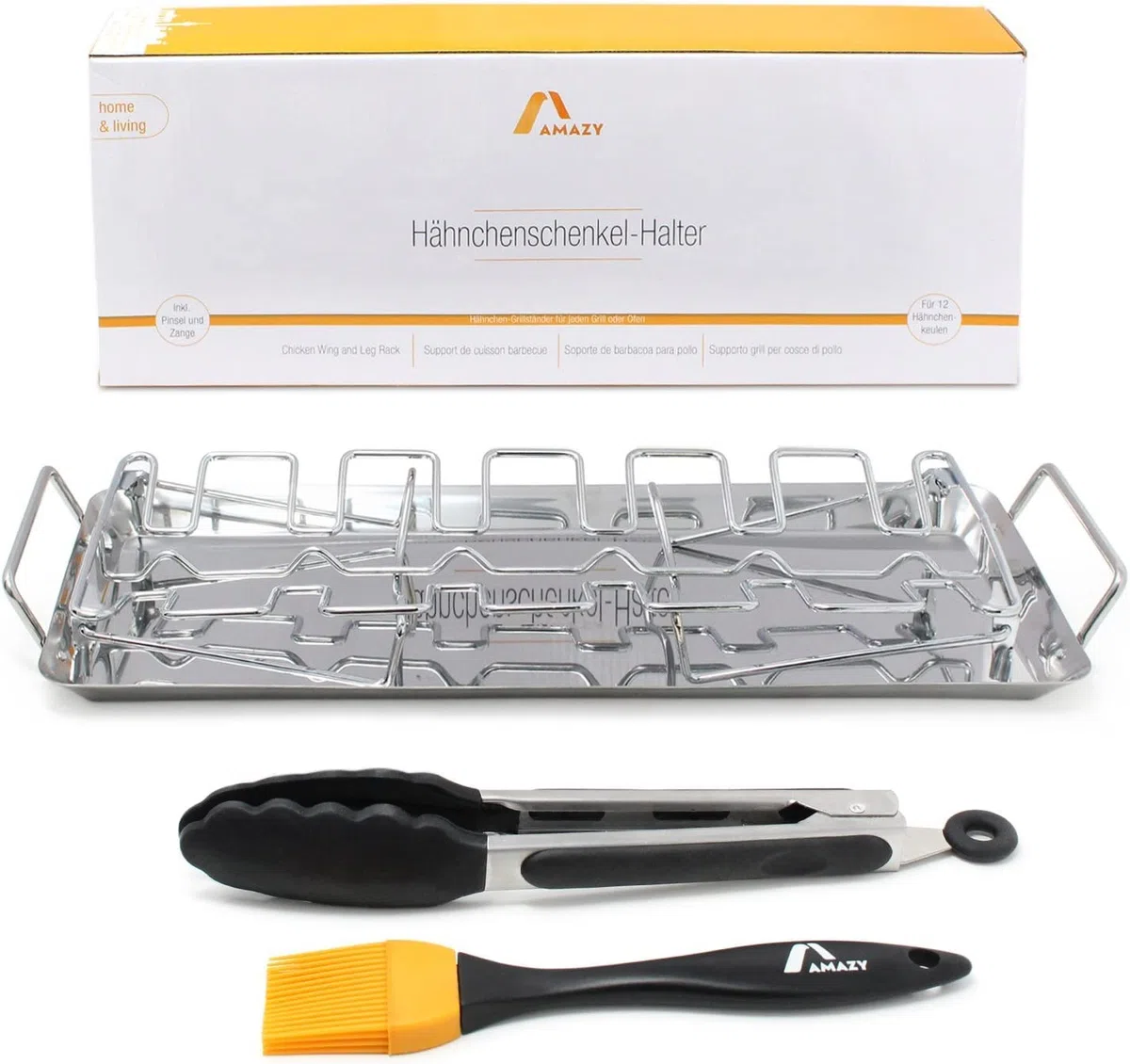 Amazy Soporte para muslos de pollo Incl. Bandeja + Pincel + Pinzas | Soporte para pollo de acero inoxidable – Para muslos y alitas de pollo uniformemente cocinados en barbacoa o horno