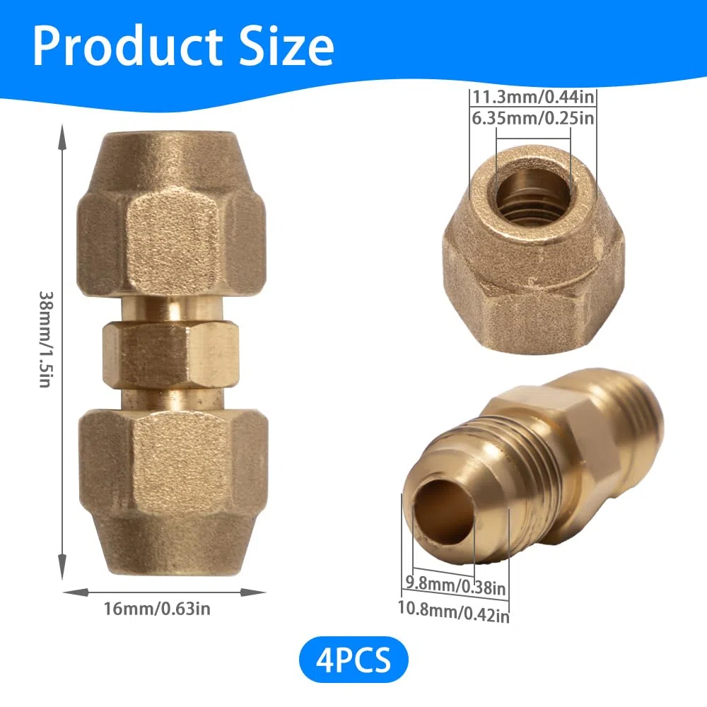 4 Piezas Conector Tubo de Cobre 1/4" para Aire Acondicionado Extensión de Tubo de Cobre Sin Soldadura Boquillas Doble para Tubos de cobre Diámetro Exterior 6.35 mm-6 mm