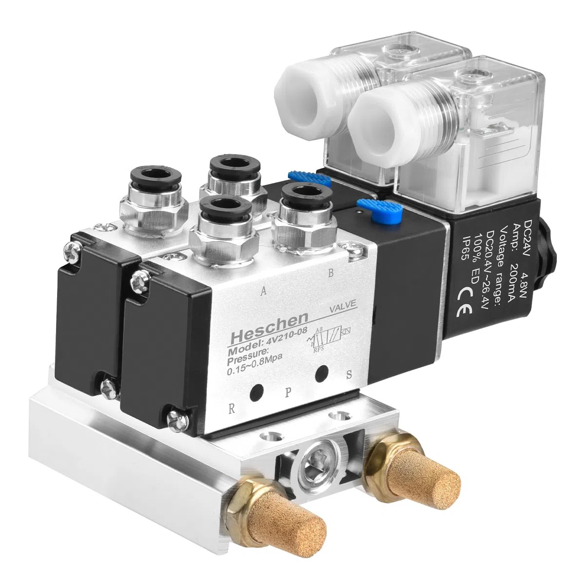 Heschen Válvula solenoide neumática eléctrica doble 4V210-08 DC 24V PT1/4 5 vías 2 posiciones silenciador base de colector juego de accesorios rápidos