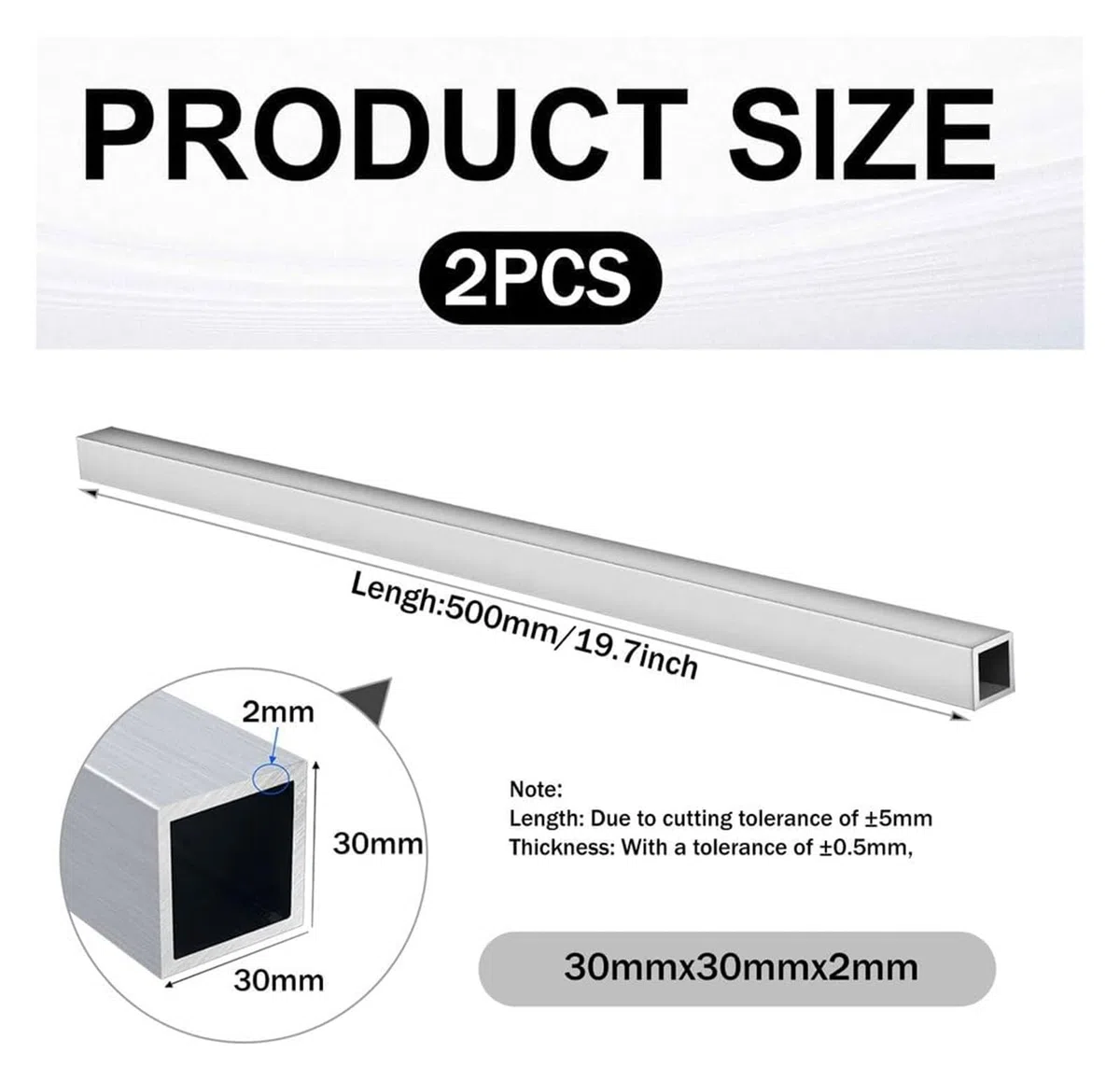 Paquete de 2 tubos cuadrados aluminio 6063 500 mm (30 x 30-70 mm), huecos sin soldadura for estructuras metálicas, soportes industriales, muebles y proyectos bricolaje(30x30x2mm)