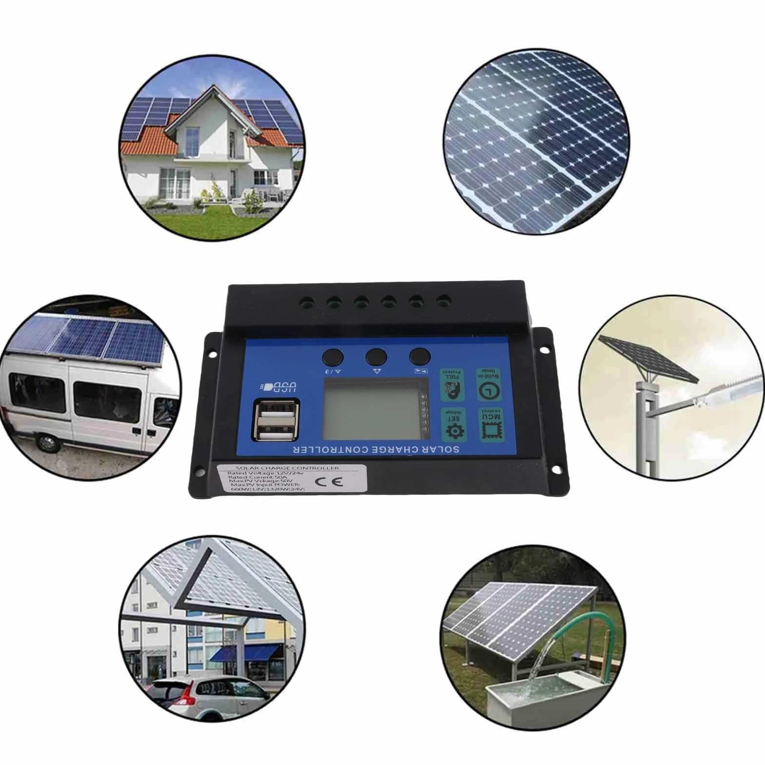 60A/50A/40A/30A/20A/10A 12V 24V Controlador de carga solar automático Controlador PWM(50A)regulador placa solar 12v