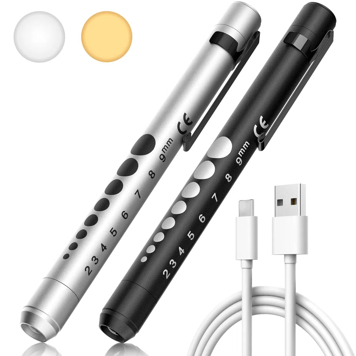 RISEMART Lámpara de diagnóstico para pupilas con medidor de pupilas y regla, luz blanca cálida/fría, recargable por USB, lámpara LED para enfermeras, estudiantes, médicos (negro y plateado)