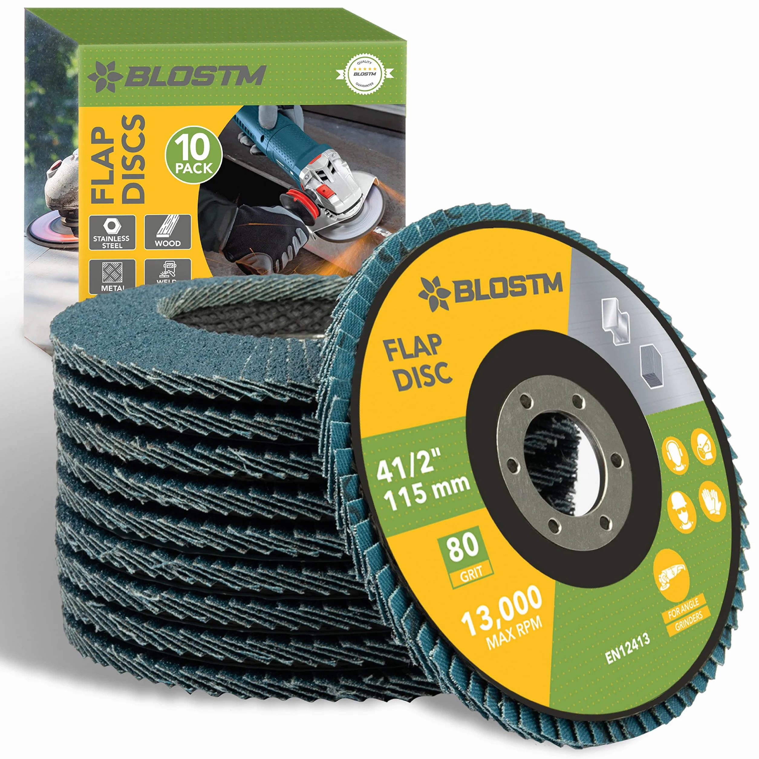 BLOSTM Disco Abrasivo Amoladora 115 mm - 10 Discos Abrasivos, Grano 80 Disco de Láminas para Decapado de Pintura, Eliminación de Óxido, Lijado, Pulido con Madera y Metal - 10 Piezas
