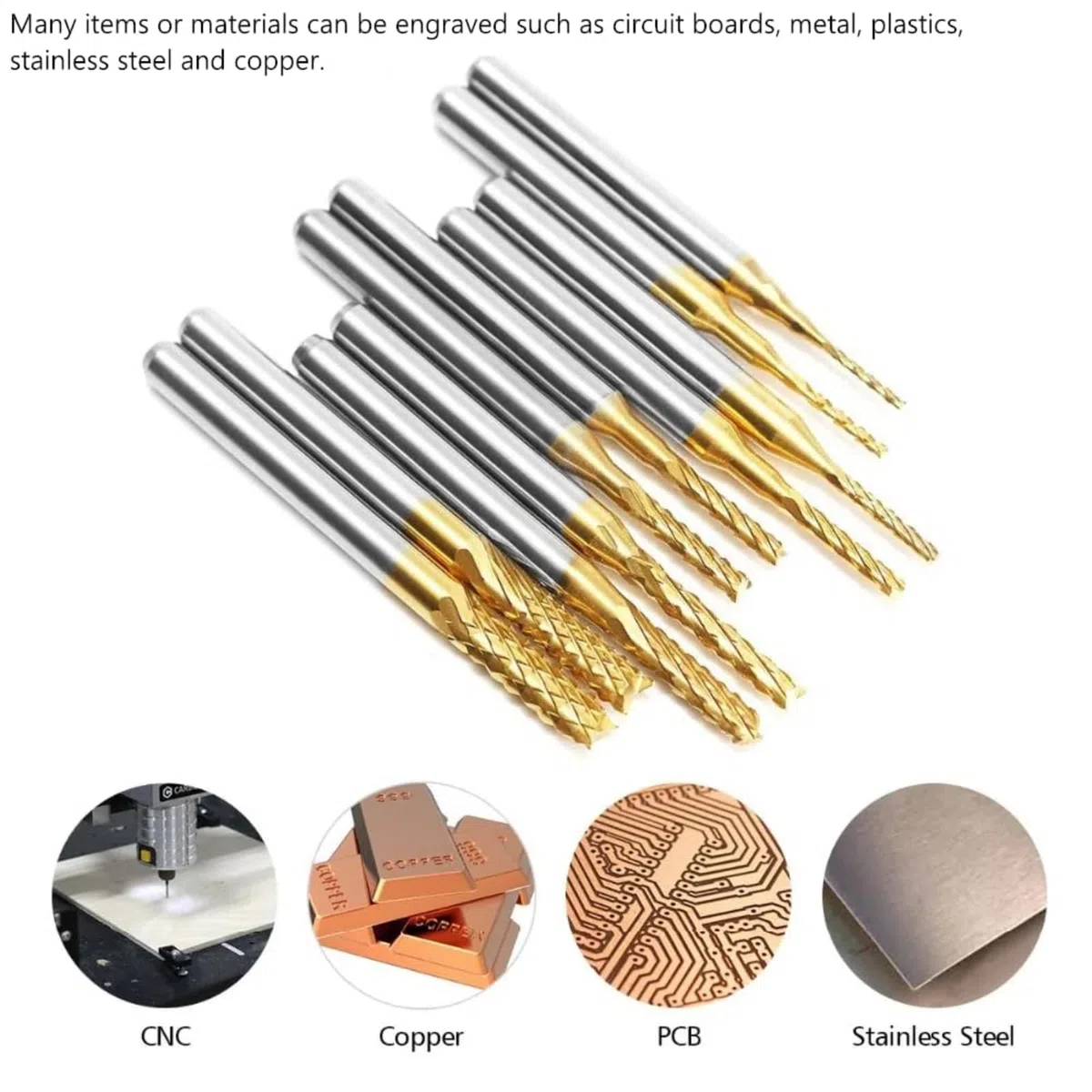 Fresas de Extremo Recubierto de Titanio, Juego de fresas de fresado CNC, 10 piezas de fresas de carburo cementado recubiertas de titanio de 1,0-3,0 mm para fresado CNC, metal, plásticos