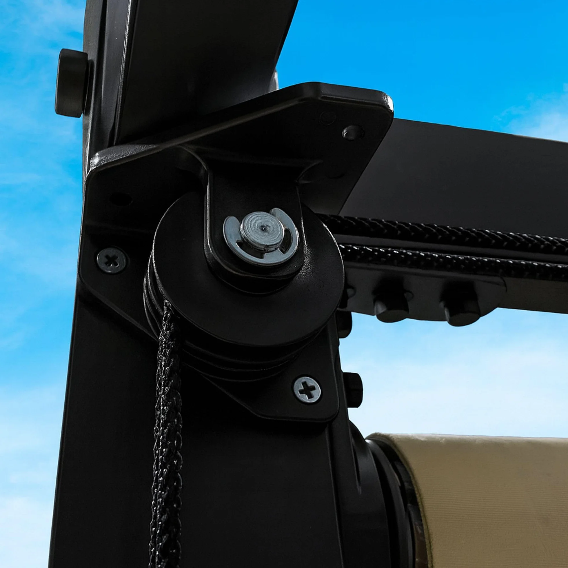 Teletoldo – Polea Doble Lateral Negra para Pérgola Profesional Grande ● Reenvío de Cuerda 6 mm ● Uso Lateral en Toldos Correderos ● Alta Resistencia y Durabilidad ● Fabricada para Tolderos