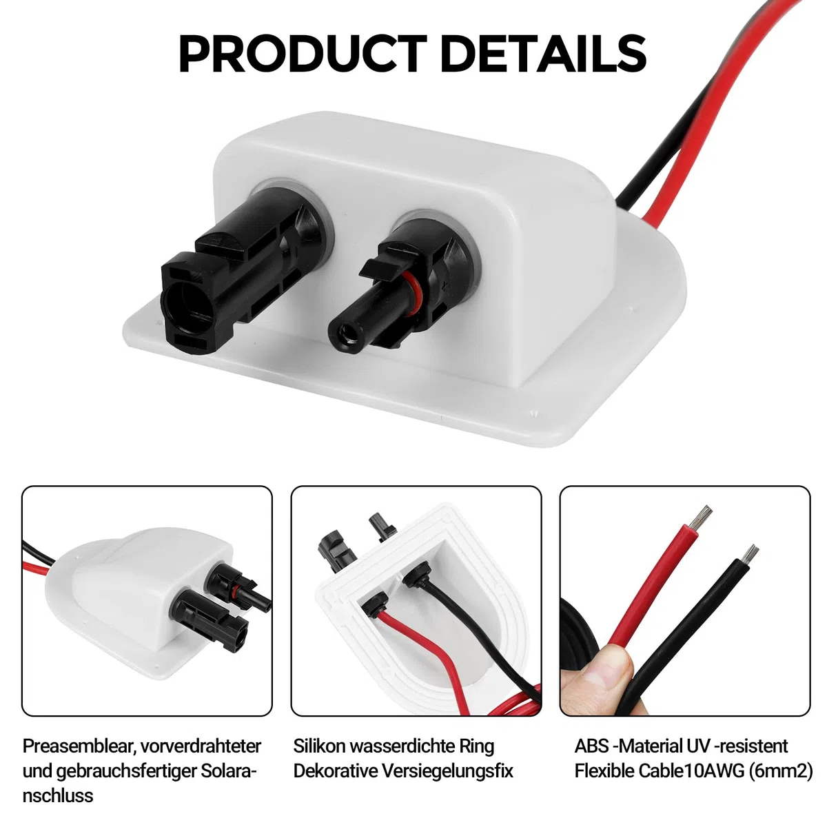 Entrada de Cable Doble Solar, Carcasa de Entrada de Cable Doble Resistente a Intemperie con Cable de Extensión Solar Suave de 10 Pies 10 AWG y Conector de Panel Solar para Proyecto Solar en RV