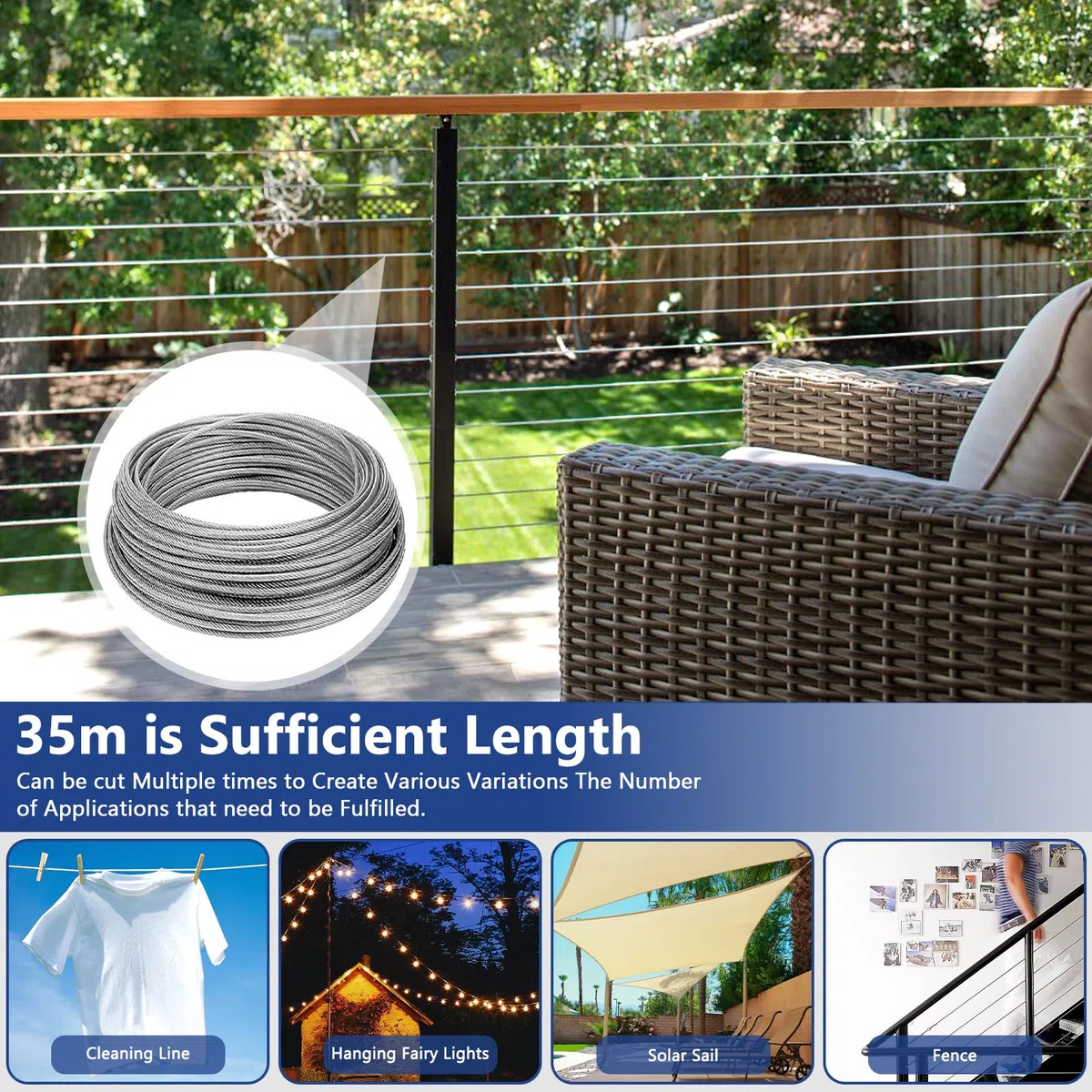 35M/3mm Cable de Acero Inoxidable, Cable Acero 304, Kit de Cables de Acero Inoxidable para Colgar, Cuerdas de Acero, Kit de Cuerda de Acero para Cuerda Tendedero Exterior