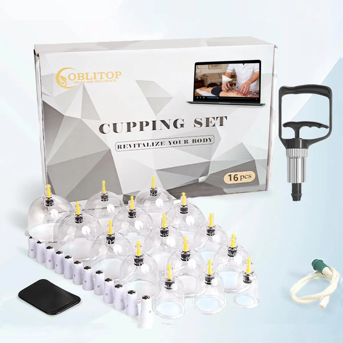 Kit de 16 tazas de succión de hijama, ventosa de masaje- talla V2.0 Insturctions en francés - Ventosas terapéuticas chinas de Cupping Kit de pistola de masaje acupuntura 16 tazas