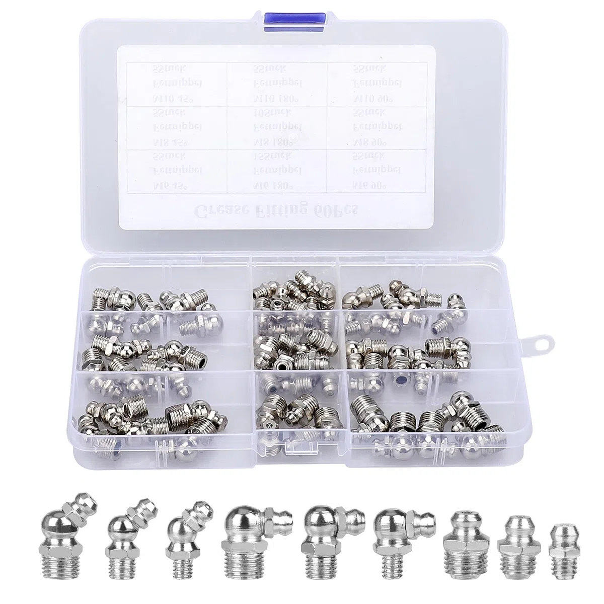Juego de 60 lubricadores, lubricadores hidráulicos, engrasadores de hierro niquelado, M6 M8 M10 rectos y codos 45° 90° engrasadores cónicos