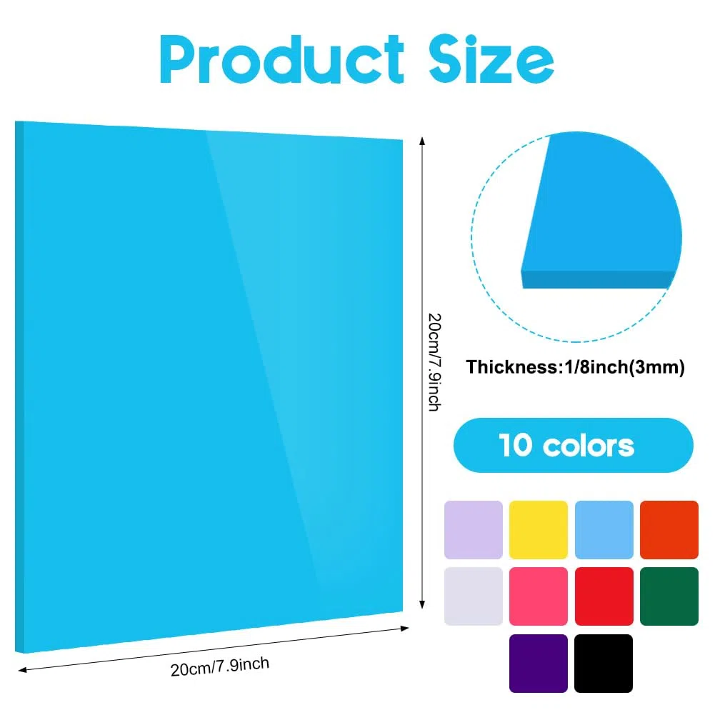 10 placas acrílicas multicolor, 20 x 20 x 3 cm, placa de plástico acrílico, para carteles grabados con láser, modelismo, pantallas, marcos de fotos, proyectos de manualidades y bricolaje (10)