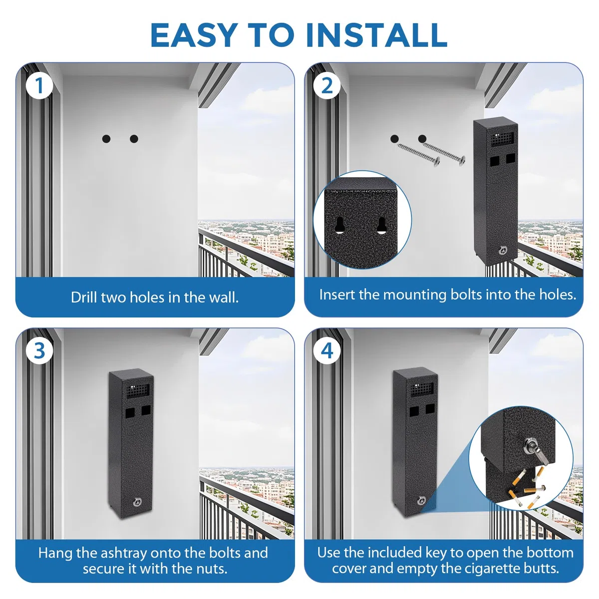 Cenicero De Pared Para Exterior, Cenicero Para Cigarrillos Montaje En Pared, Acero Inoxidable Con Cerradura, Resistente A La Intemperie, Tubular, Para Terraza, Restaurante, Hotel Y Oficina, Negro