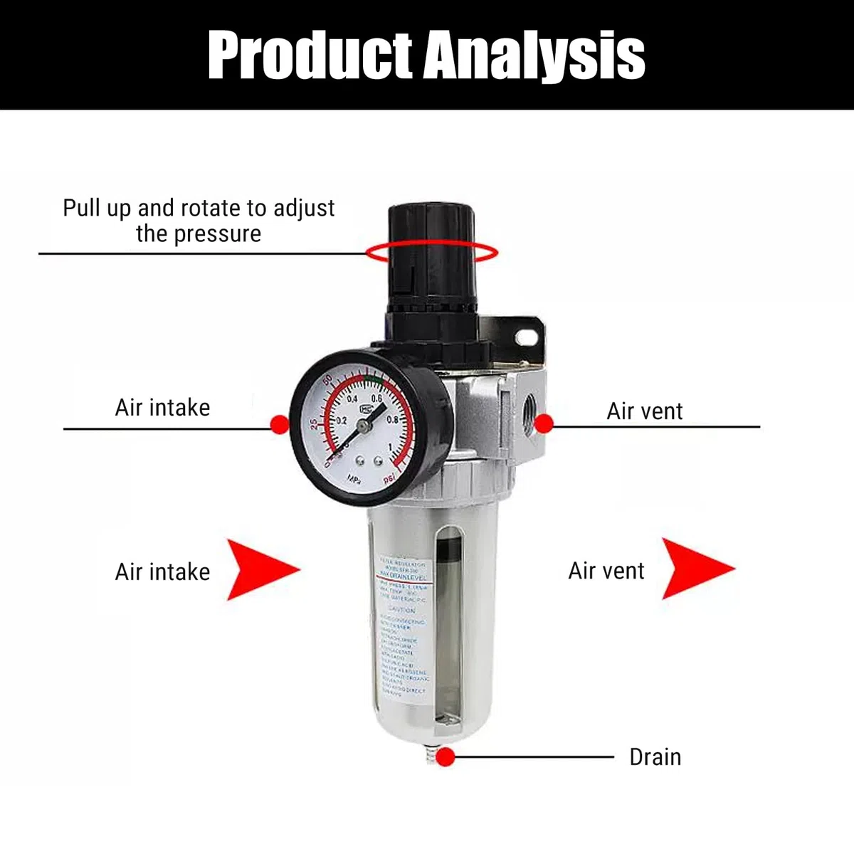 BSP 1/2" Filtro Regulador De Aire, Regulador De Filtro De Aire Comprimido Aceite Agua Separador Filtro, Regulador Presión Filtro Reductor De Presión Para Compresor Con 150 Psimedidor De Presión