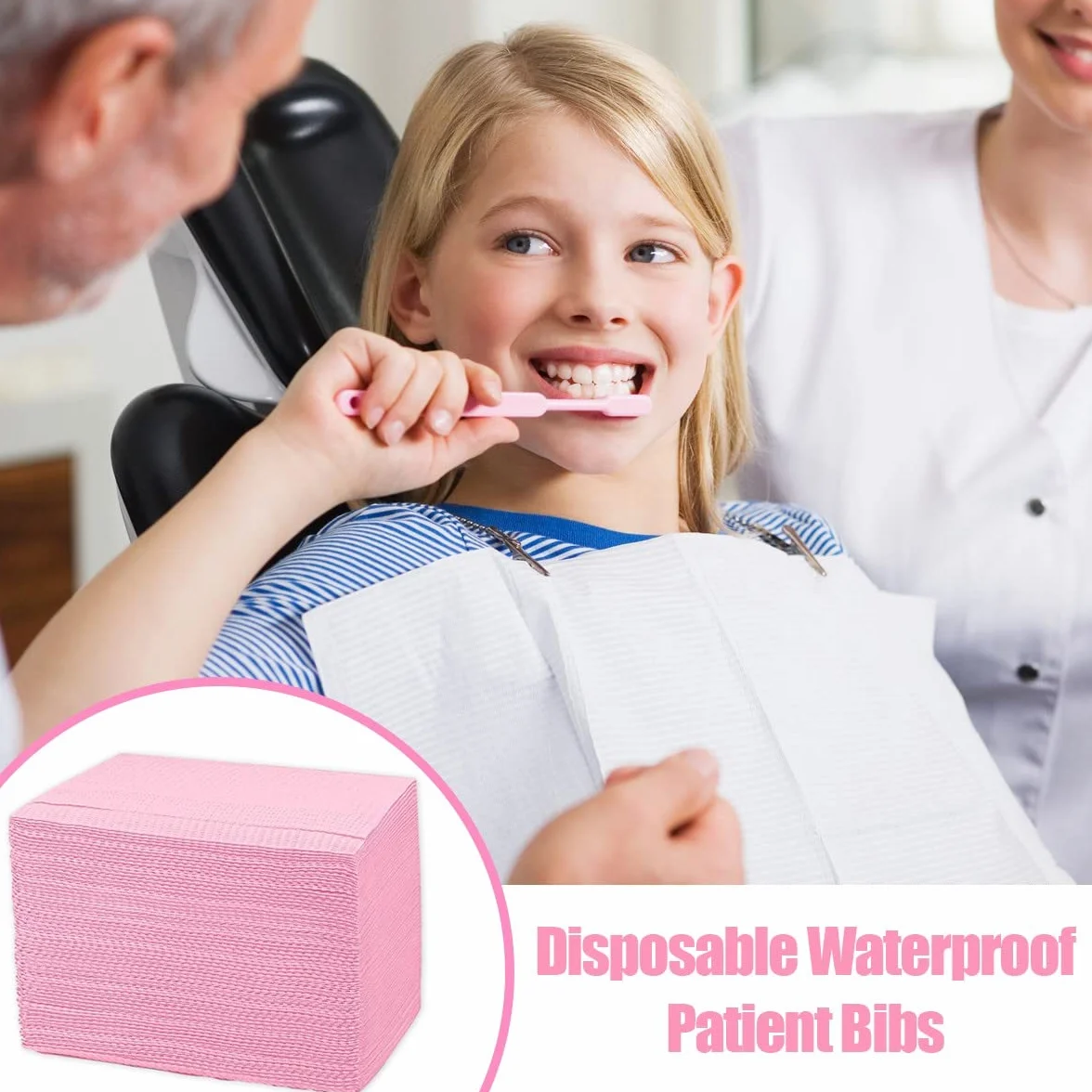 60 baberos dentales desechables para el paciente, 13 x 18 pulgadas, 3 capas impermeables piercing de papel tatuaje servilleta de papel para clínica dental, estación de tatuaje y salón (rosa)