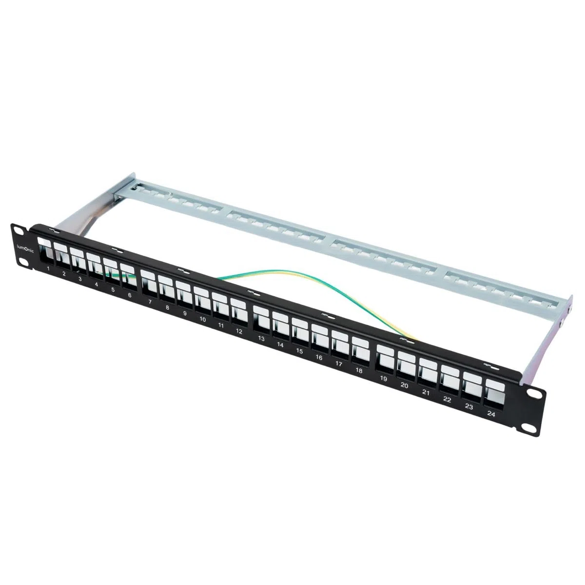 Lumonic 19" Panel de conexión Portamódulos Keystone | 24 Port, 1U con Campo de etiquetado | Ampliable de Forma Flexible | Montaje en Bastidor | Panel de Conexiones Negro con Cable de Toma de Tierra |