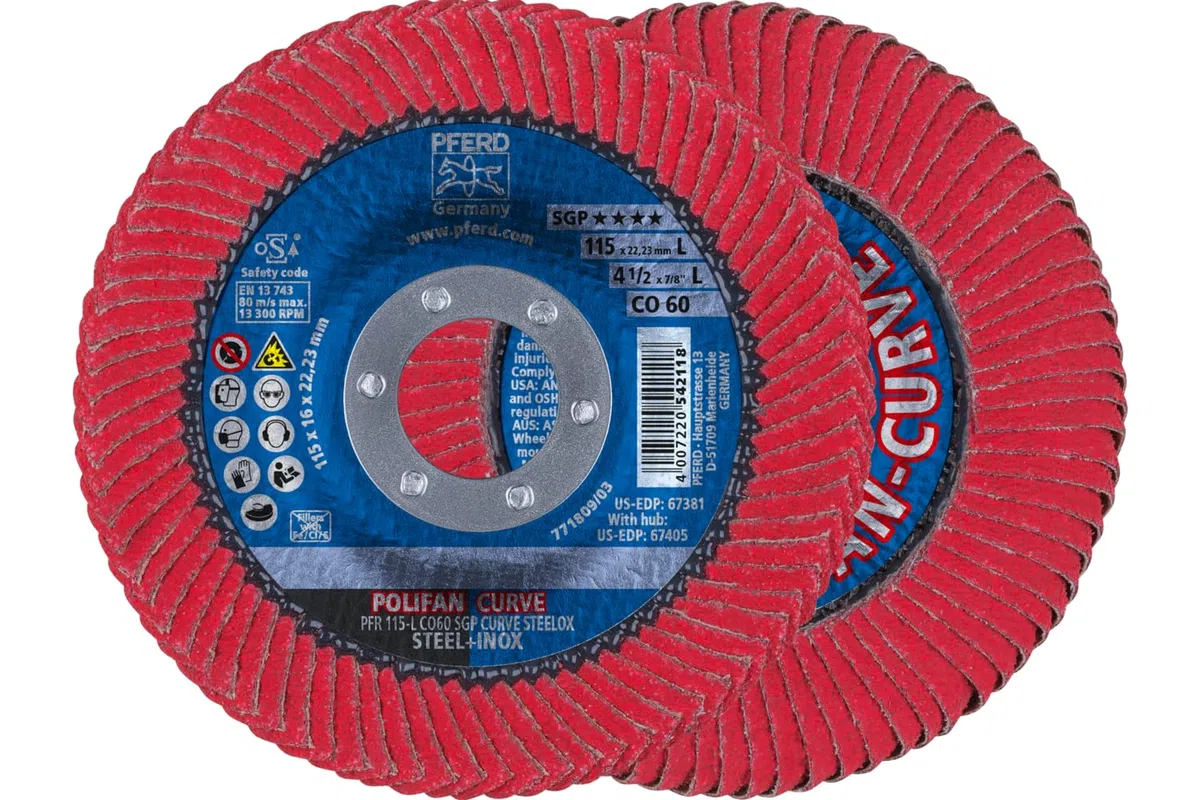 PFERD 67344 Polifan PFR - Disco de solapa tipo radial curvo, óxido de cerámica, diámetro de 5 pulgadas, agujero de eje de 7/8 pulgadas, 12200 RPM, grano 60