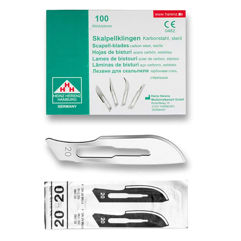 May Hojas de Bisturí Figura 20 (100 uds.) para Mango N.º 4 – Cuchillas desechables estériles de acero al carbono, extremadamente afiladas incl. extractor