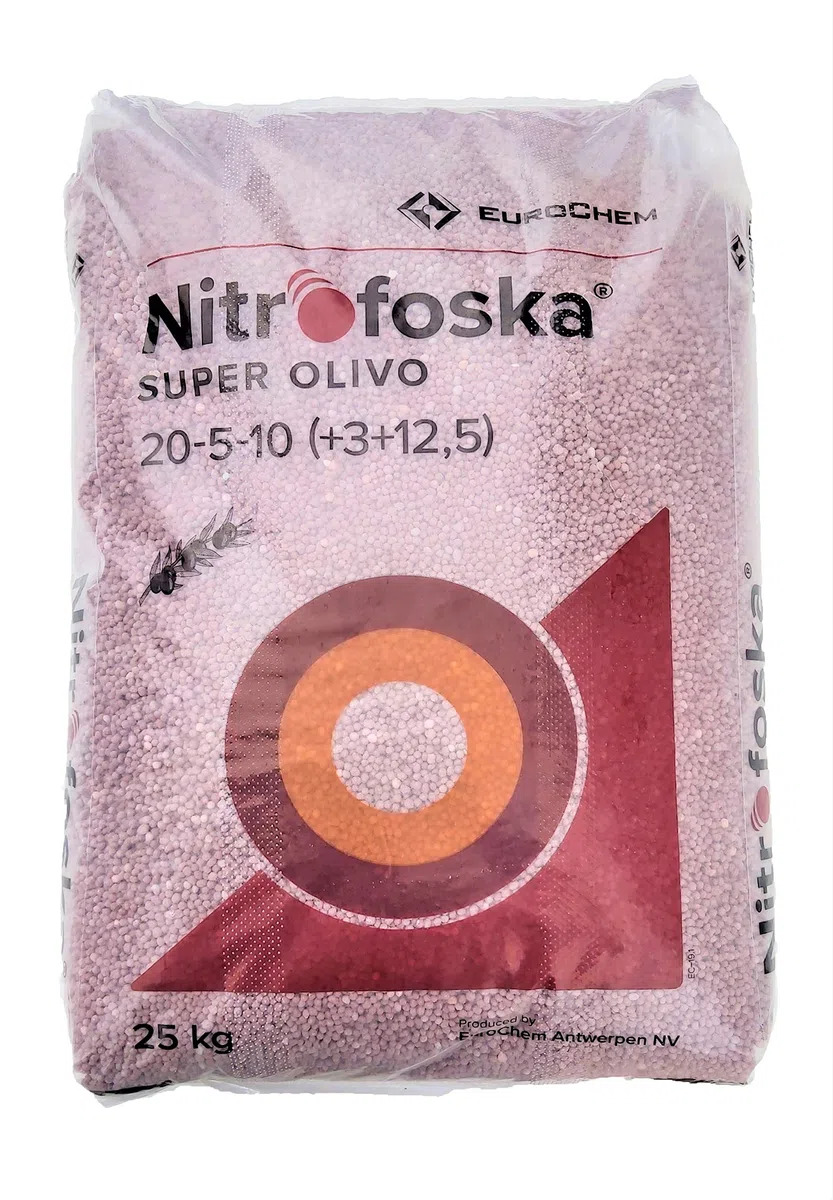 Nitrofoska super olivo 20-5-10. 25 Kilos. Abono complejo que aporta al olivo todos los nutrientes necesarios para conseguir un fruto de máxima calidad.