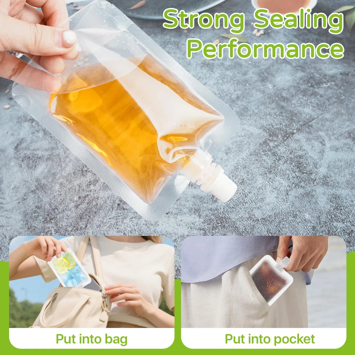 100 bolsas de bebidas de 100 ml para festivales, frascos de plástico recargables con 4 embudos, a prueba de fugas, bolsas transparentes para líquidos fríos y calientes, fiestas, viajes