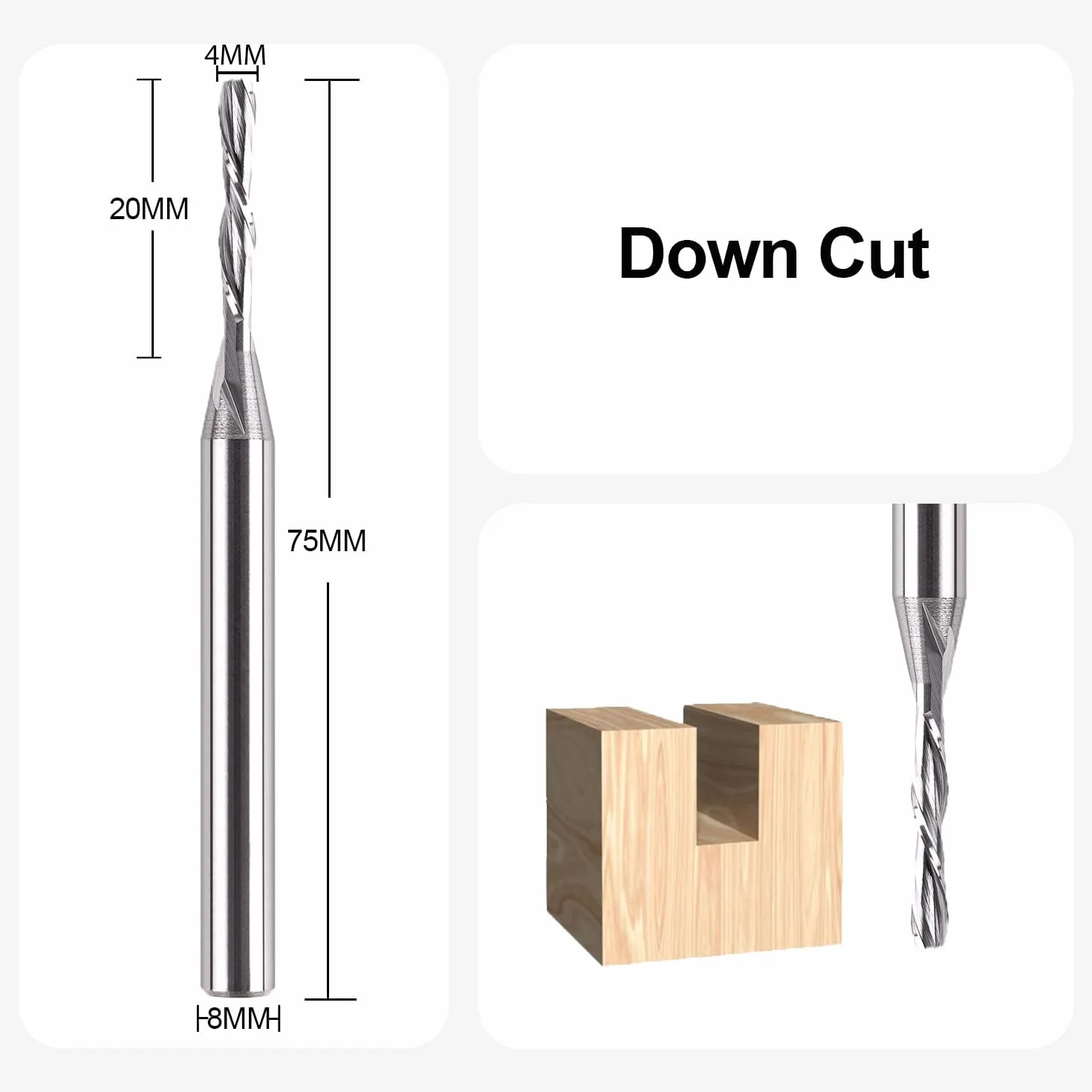SpeTool Fresas para Madera 8mm Fresa de Ranurar Down-Cut CNC Fresa Espiral HRC55 Diámetro de Corte 4mm Fresa Helicoidal Longitud de Corte 20mm Carburo Herramienta Fresas de Corte para Cortar Madera
