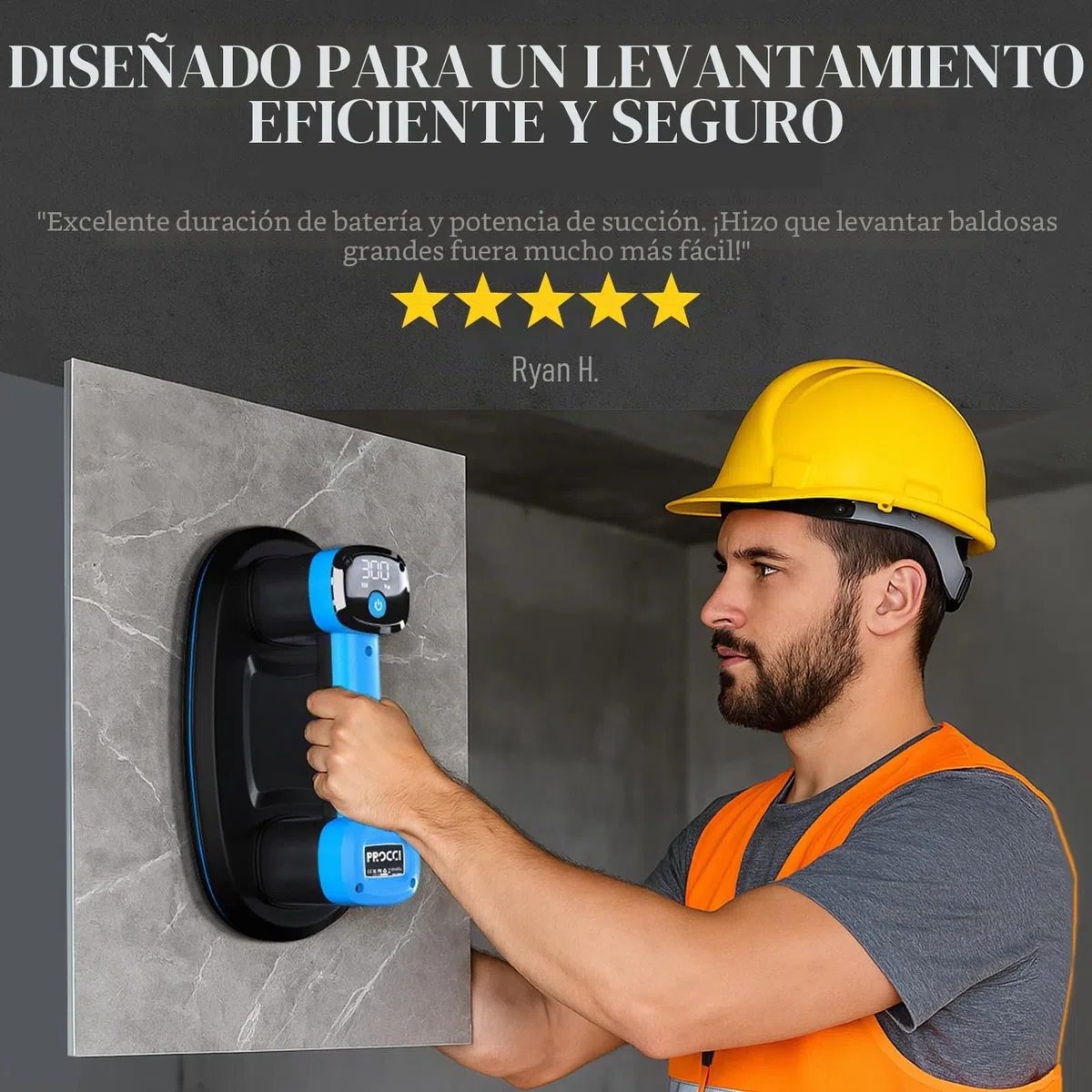 Ventosa Eléctrica para Azulejos, Vidrio, Mármol – 2 Motores Potentes, 300KG de Succión Fuerte, Pantalla LCD, Batería 4500mAh, 12h de Autonomía, 26cm, Ideal para Superficies Lisas y Rugosas