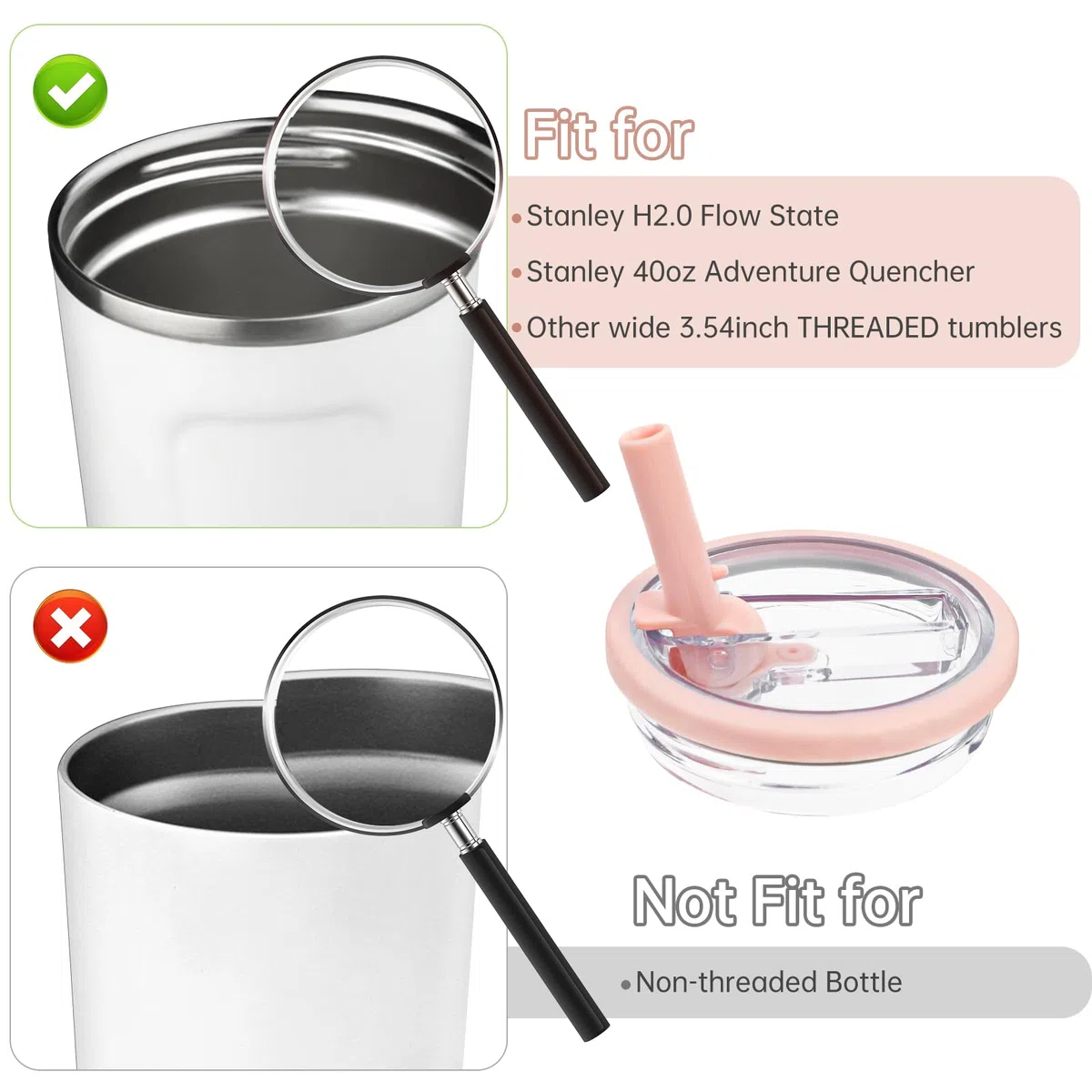 Tapa Stanley Anti Goteo 40 oz Con 2 Paja - Repuesto de Vasos a Prueba de Fugas y Polvo - Rosa