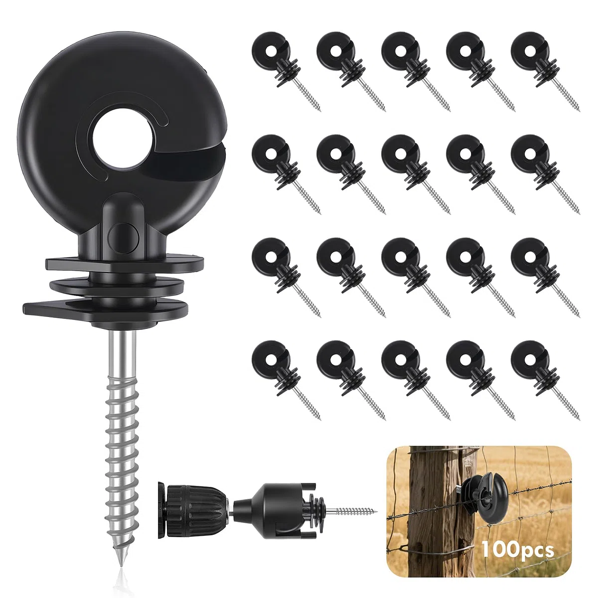 Elektrozaun Ringisolatoren Elektrozaun Isolator, 100 Stück Schwarze Weidezaun-Isolatoren mit Isolator-Steckschlüssel, Zaunringpfosten, Schraubisolatoren, Elektrozaun-Zubehör für Holzpfosten