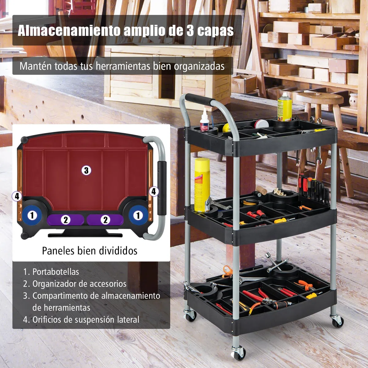 GOPLUS Carro de Herramientas con Ruedas de 3 Niveles, Carro de Taller con Ranuras para Herramientas y Mango, Carrito de Almacenamiento Multiuso para Hogar Taller Garaje