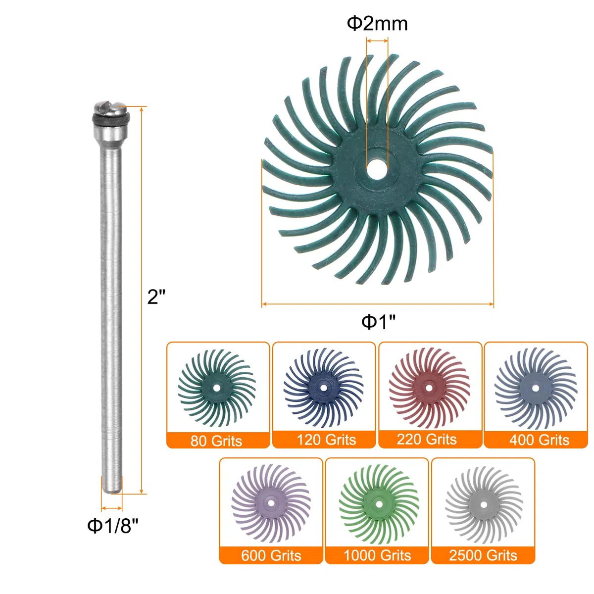 QUARKZMAN 60 Piezas De Juego De Discos De Cerdas Radiales 1" 80-1000 Grano Kit De Cepillo Abrasivo Para Detalles Rueda De Pulido Para Joyería Limpieza Y Pulido Con 6 Pcs De Vástago De 1/8"