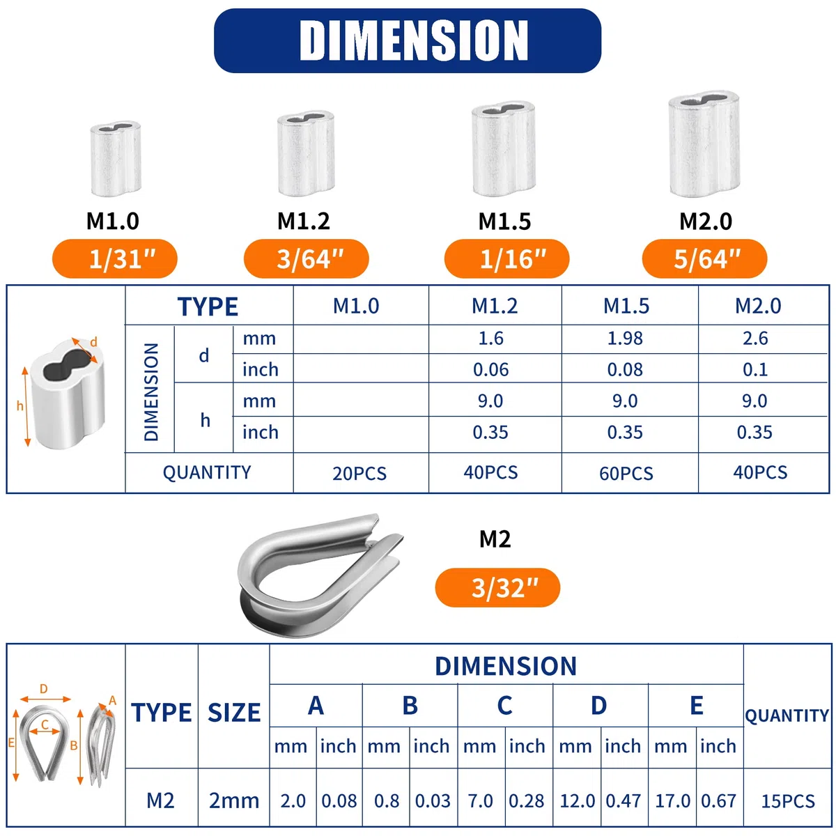 Herramienta de prensado de cable de acero, prensas de hasta 2,2 mm con 160pcs 4sizes aluminio doble barril ferula prensado lazo manga y 15pcs dedal de acero inoxidable