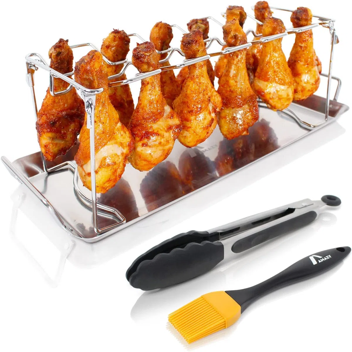 Amazy Soporte para muslos de pollo Incl. Bandeja + Pincel + Pinzas | Soporte para pollo de acero inoxidable – Para muslos y alitas de pollo uniformemente cocinados en barbacoa o horno