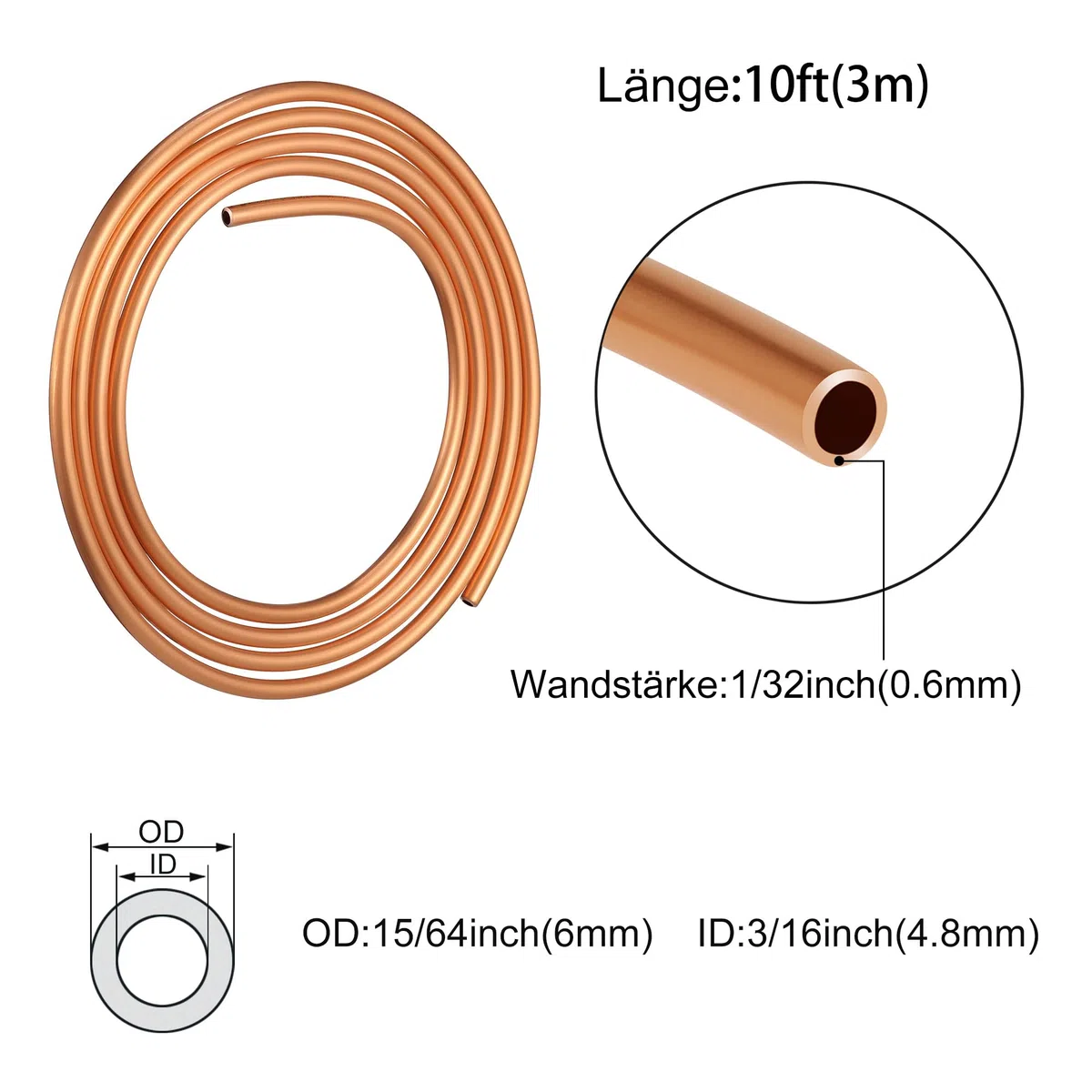 99,9% Kupferrohr, KWOKWEI Soft Kupferrohr OD 6 mm ID 4,8mm, 3 M Länge Kupferrundrohr für Kältetechnik, Generatoren, Stromschienen, Schaltgeräte Transformatoren, etc