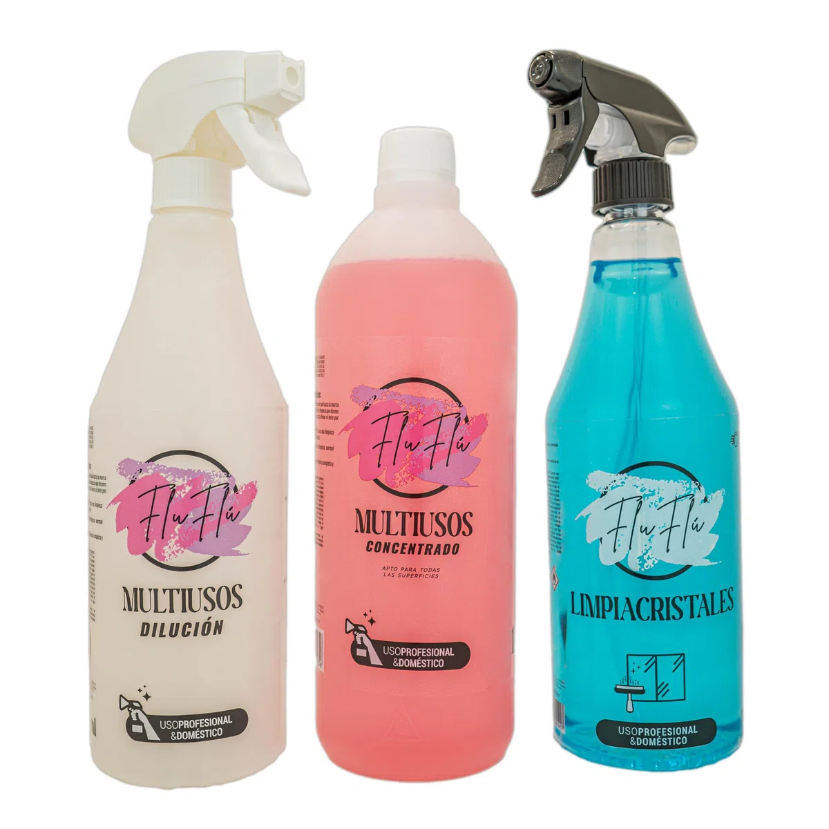 KIMIA - Pack FluFlu Limpieza Completa | Multiusos Concentrado Limpieza Profunda 1L + Limpia Cristales Secado Ultrarrápido 750 ml + Botella Vacía para Disolución 750ml | Limpia, Desinfecta y Aromatiza