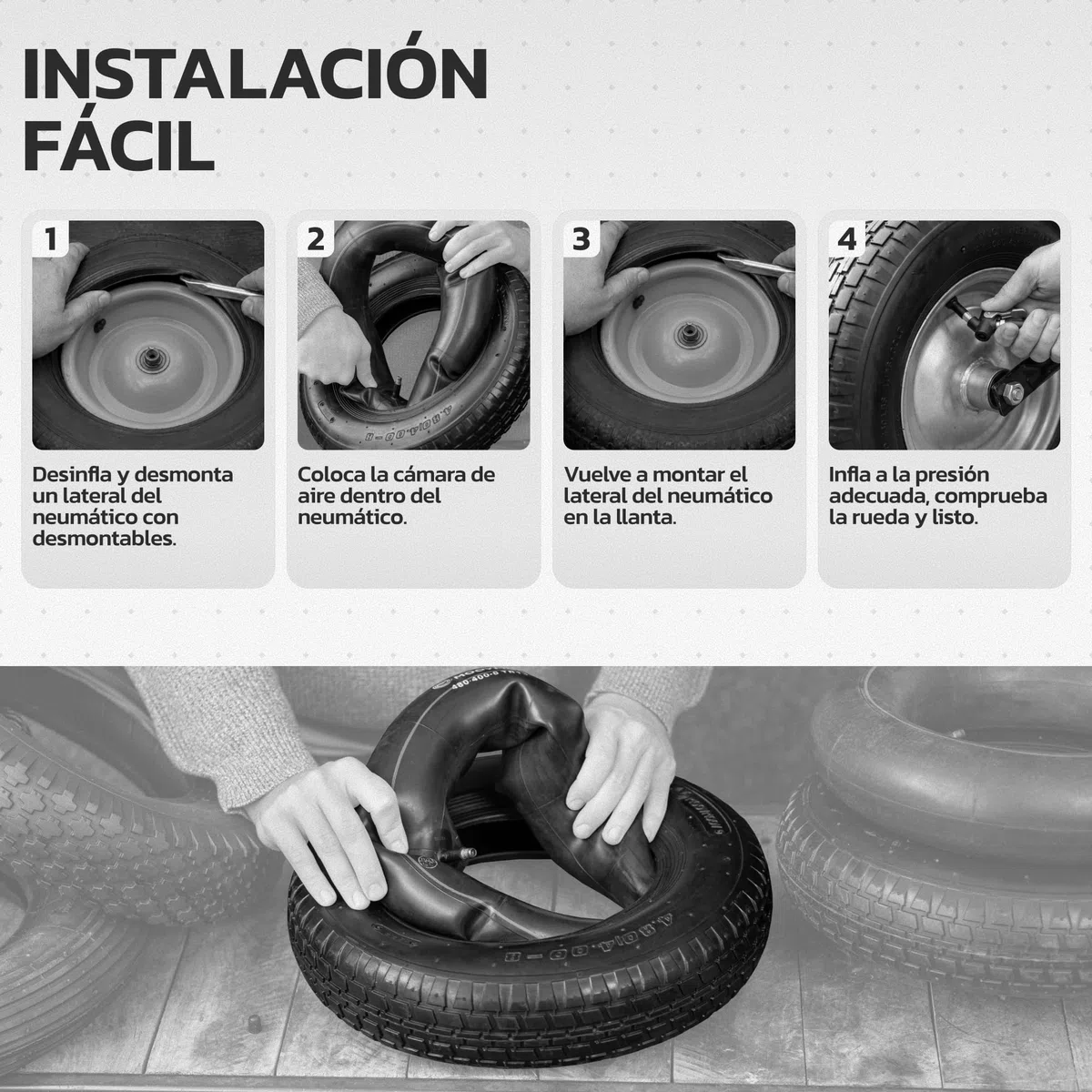 MOOVMOOV Neumático 4.80/4.00-8 con Camara de Aire Válvula Recta TR13 - Neumático Reforzado para Carretilla 400x100 - Instalación Fácil y Rápida - Compatible con Rueda 4.80 4.00-8 - Non Highway Speed