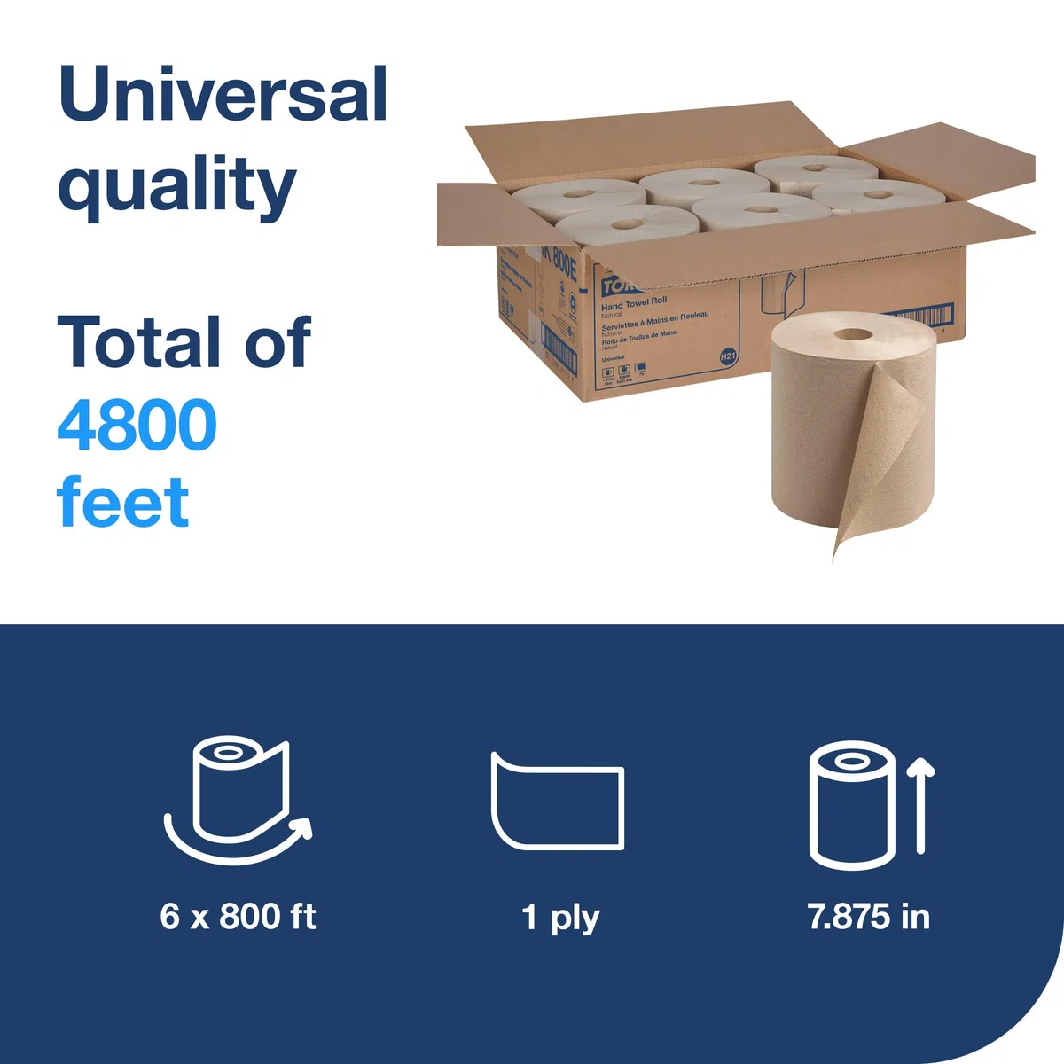 Tork Rollo de toallas de papel natural, rollo de mano universal, toallas de papel natural con pañuelos marrones hechas de 100% fibra reciclada, 6 rollos x 800 pies, compatible con dispensador H21,