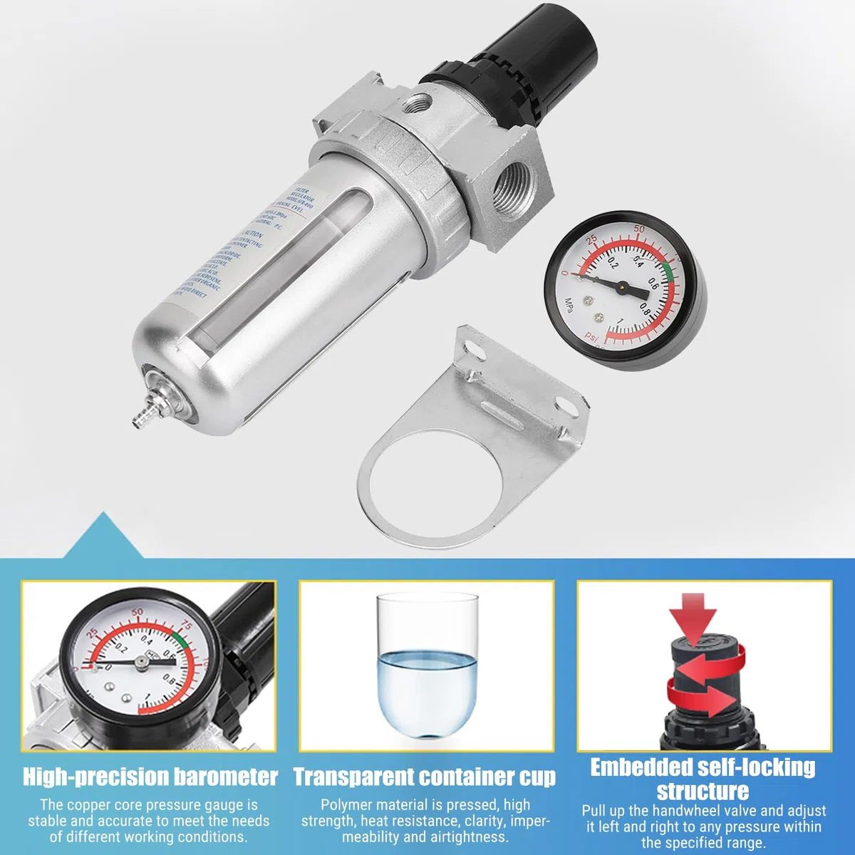 BSP 1/2" Filtro Regulador De Aire, Regulador De Filtro De Aire Comprimido Aceite Agua Separador Filtro, Regulador Presión Filtro Reductor De Presión Para Compresor Con 150 Psimedidor De Presión