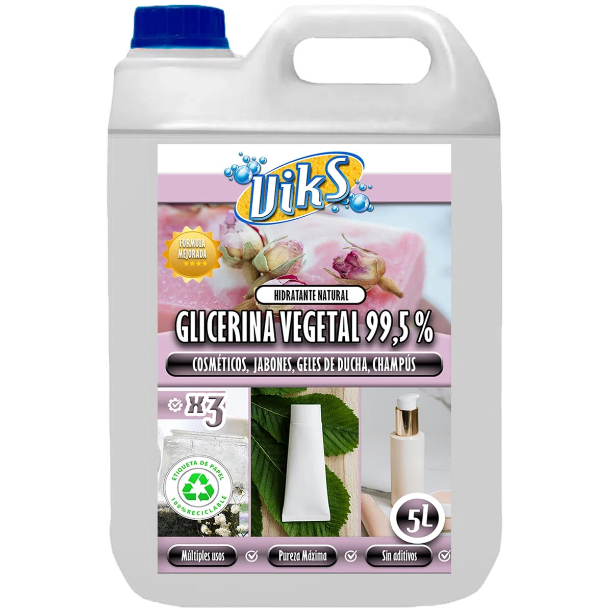 Viks | GLICERINA VEGETAL 99,5% PURO 5L | Para uso cosmético: jabones, geles, champús, cremas | Glicerol incoloro y soluble en agua y alcohol | 5 Litros