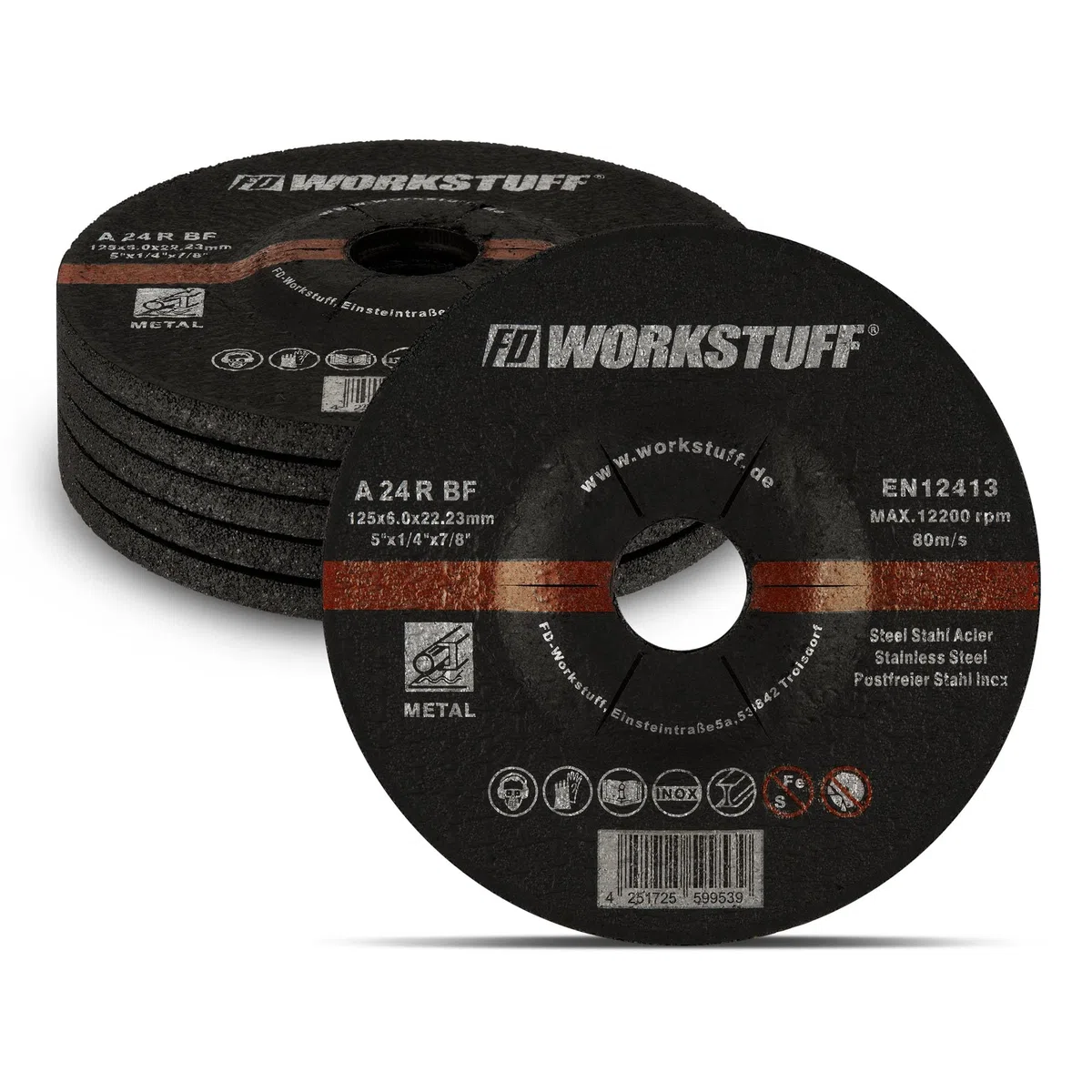 Fd-Workstuff - Discos de Desbaste Profesionales, 10 Unidades, 125 x 6 mm para Amoladoras, Acero y Metal No Ferroso. Accesorios Duraderos y Versátiles, Amplio Alcance de Uso