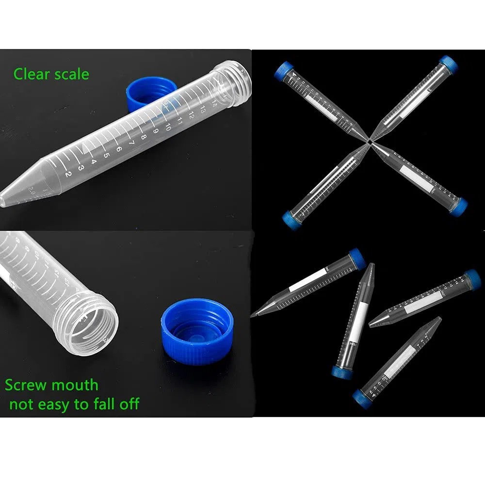 100 tubos centrífugos de plástico de 15 ml, tapa de rosca azul, base cónica, graduación marcada