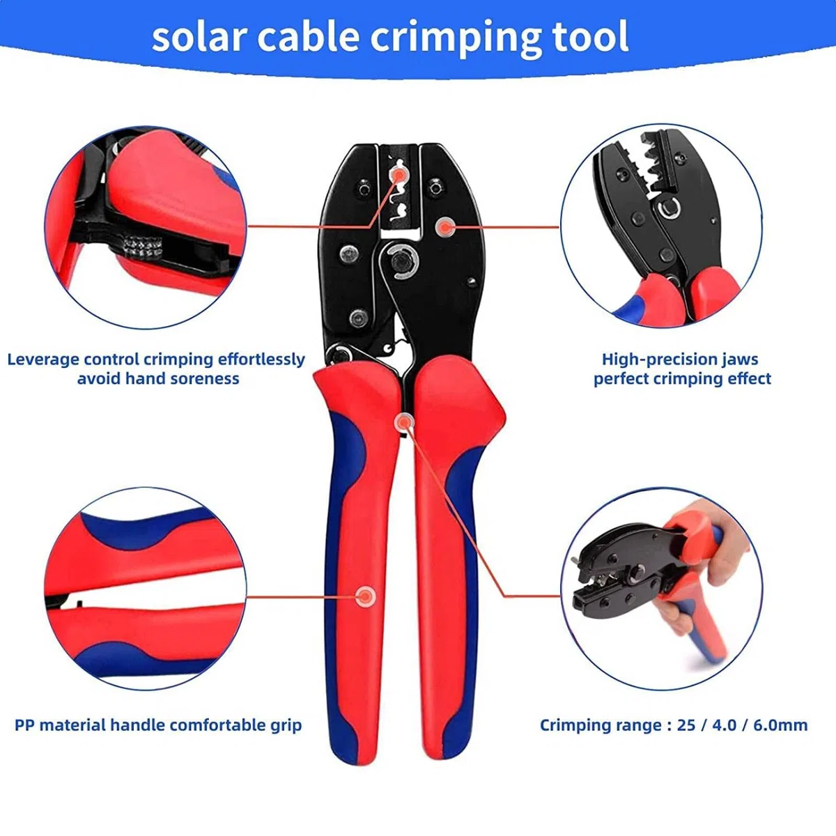 Panel Solar Crimpadora para Cables PV 2.5 4.0 6.0 mm², 1PCS Crimpadora Solar, 16 Pares Macho Hembra Solar Panel Cable Conector, con 2PCS Herramientas de llave para Sistema Fotovoltaico