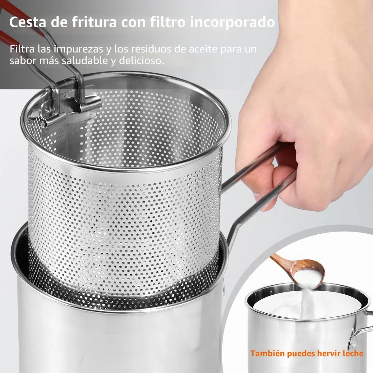 Freidora profunda de acero inoxidable 304 con colador 1200 ml, mini freidora de aceite con asa, utensilios de cocina multifuncionales, sartén para patatas fritas y tempura
