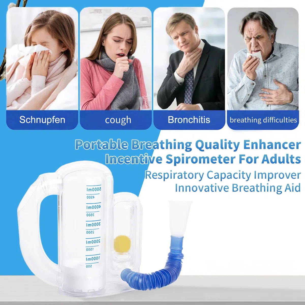 Dispositivo de ejercicio pulmonar para ancianos, espirómetro de incentivo, 5000 ml, medición de volumen con indicador de caudal, entrenador de respiración profunda para estudiantes y niños,