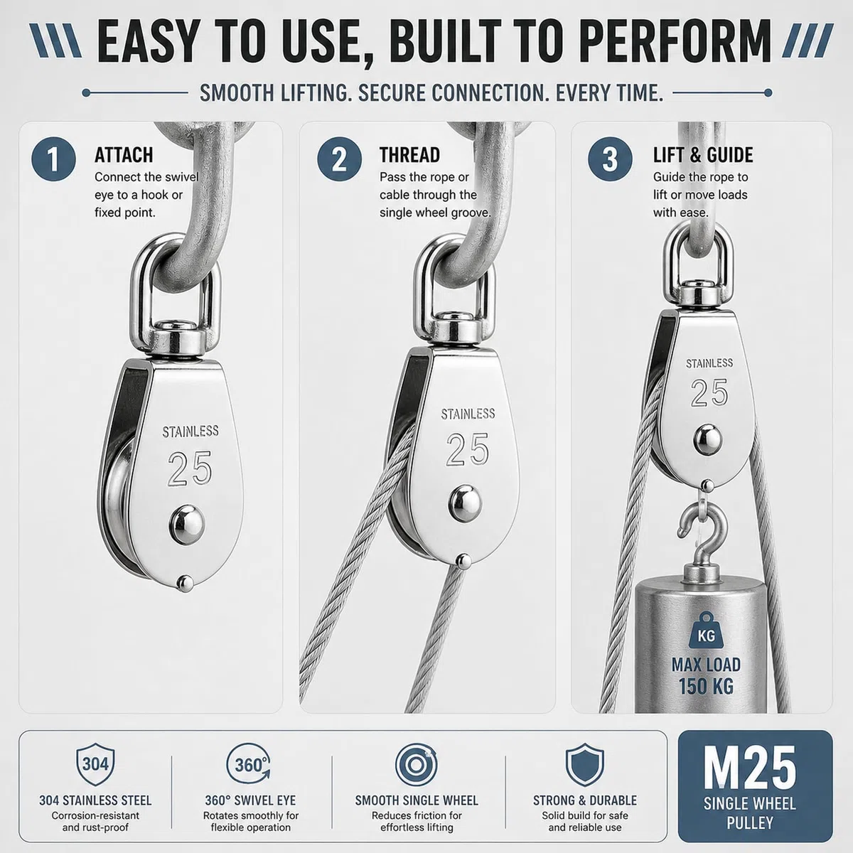 Starvast - Polea simple M25 de acero inoxidable 304 – M25 – Polea de elevación – Capacidad de la polea 150 kg – Plata