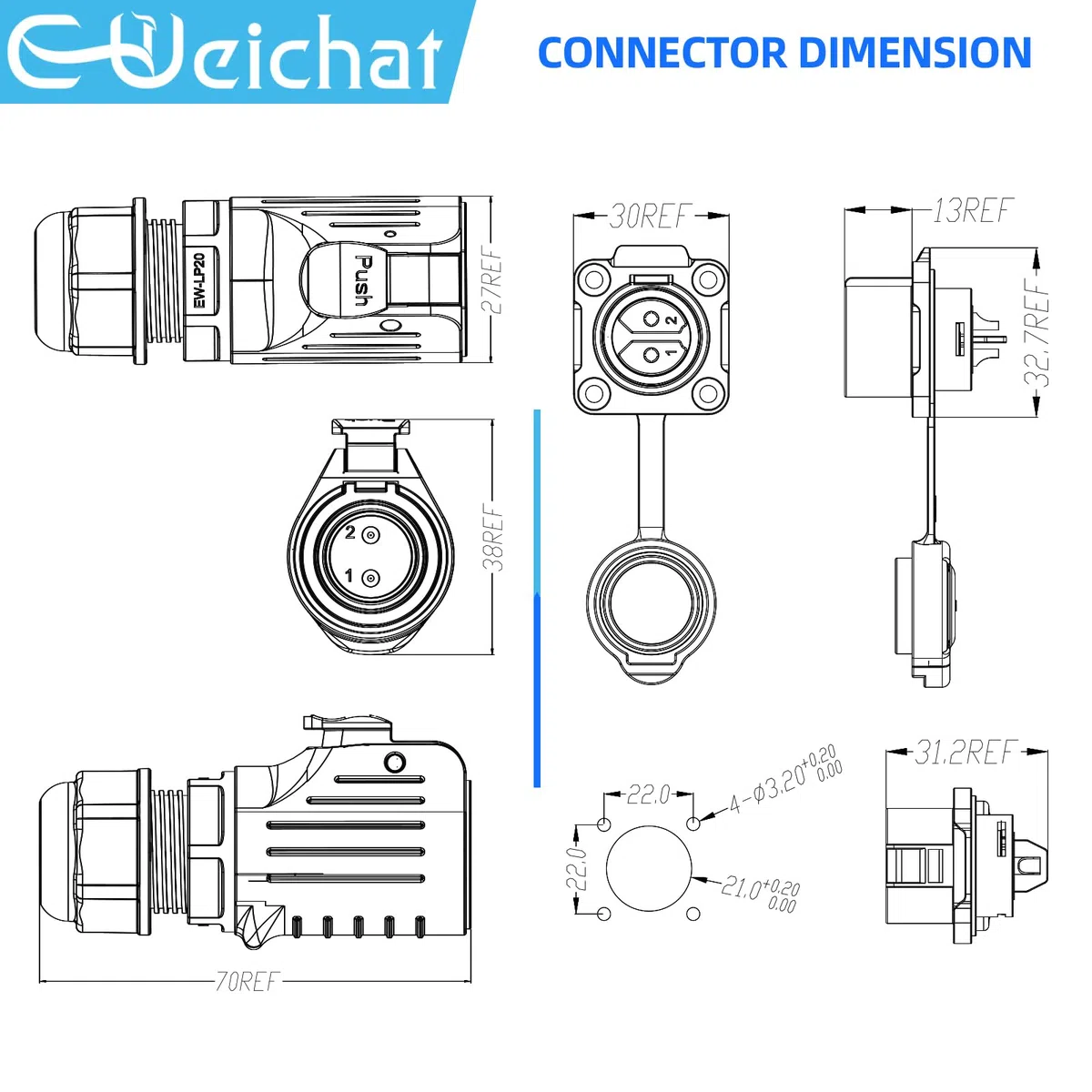 EW-LP20 Conector industrial estanco IP68 Conector de aviación Conector circular antiinterferencias Conector eléctrico de liberación rápida M20 2-12 Pines Enchufe de brida (2 Pines)