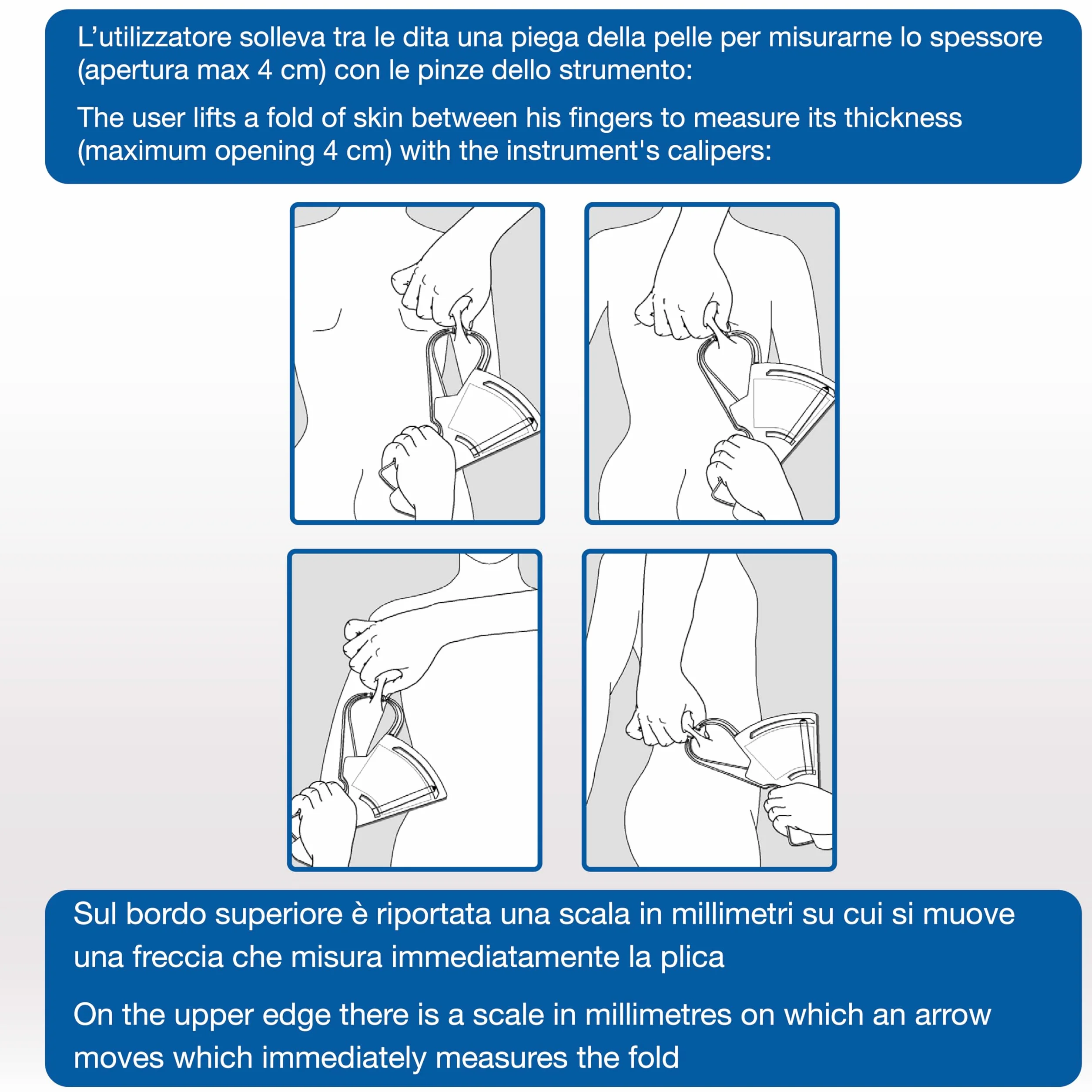 GIMA Plicómetro FAT-1, Instrumento para medir la grasa corporal, Garra de medición de los pliegues cutáneos, Kit de medición de los pliegues cutáneos, Manual multilingüe (IT)